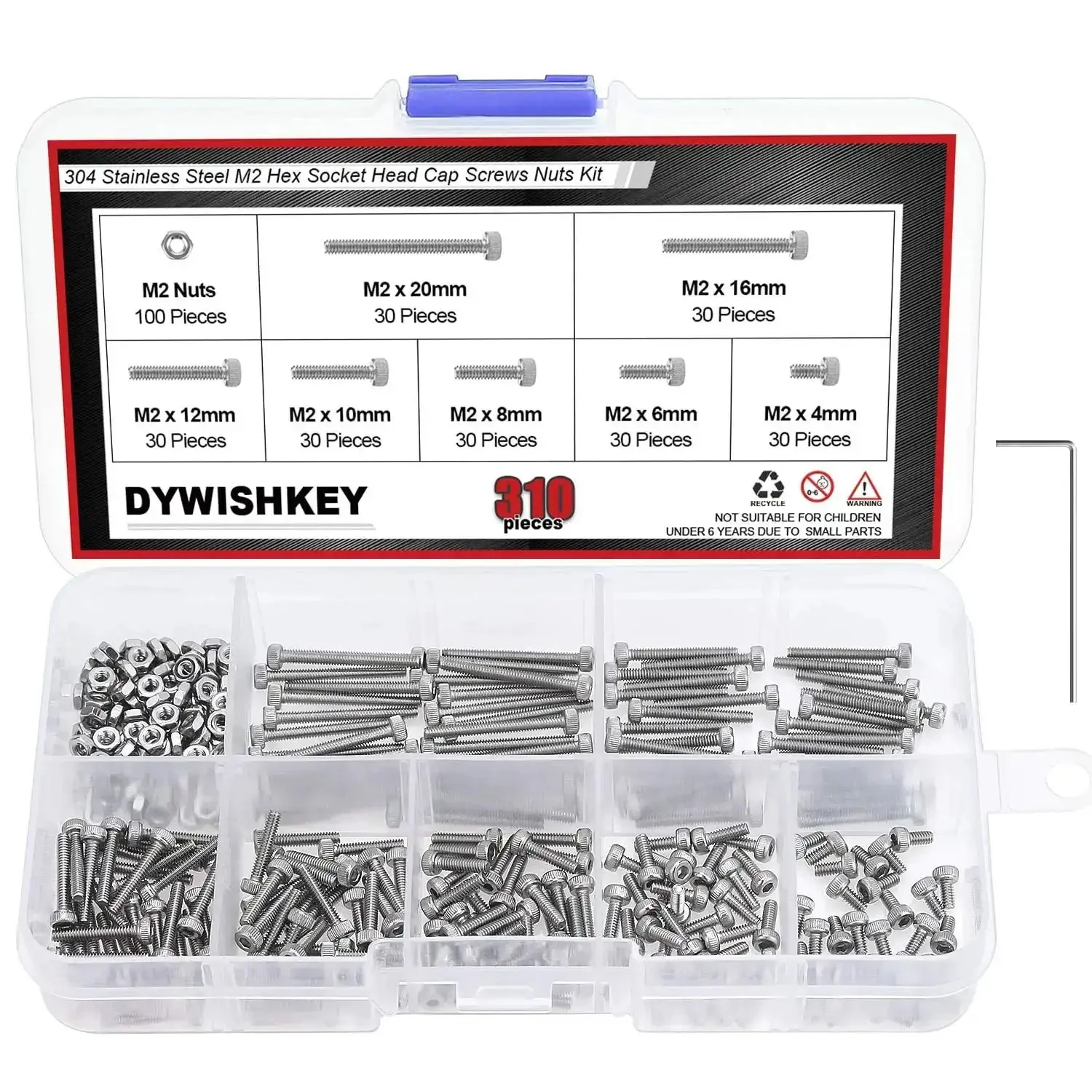 310 Piece Stainless Steel 304 Hex Socket Head Cap Bolts Screws Nuts Kit With Allen Wrench M2 M4 M6 M8 M10 M12 M16 M20 For DIY Projects Robotics And Mechanical Fasteners