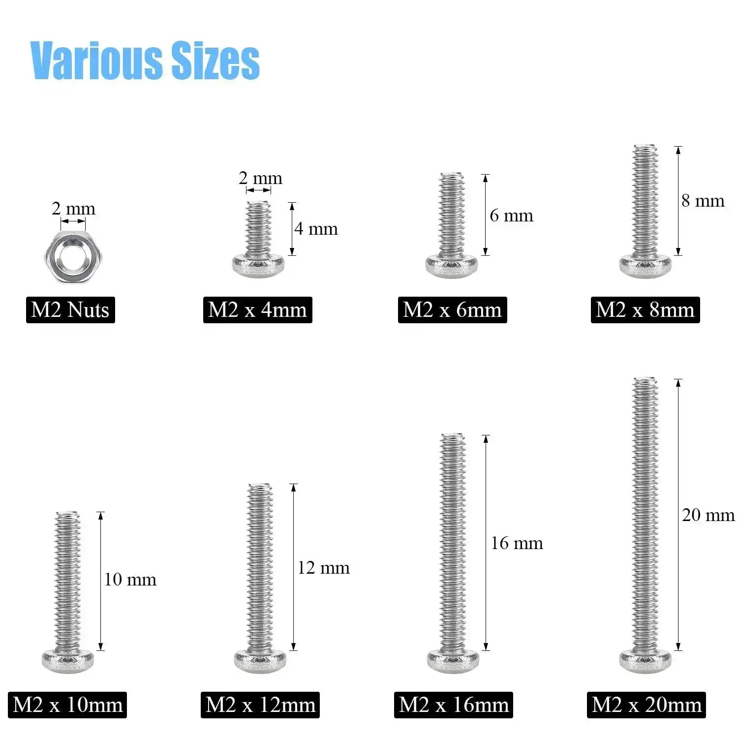 310 Piece Stainless Steel 304 Phillips Pan Head Bolts Screws Nuts Kit With M2x4mm M2x6mm M2x8mm M2x10mm M2x12mm M2x16mm M2x20mm For DIY Projects Cars Motorcycles Machinery Home Improvements - Image 6