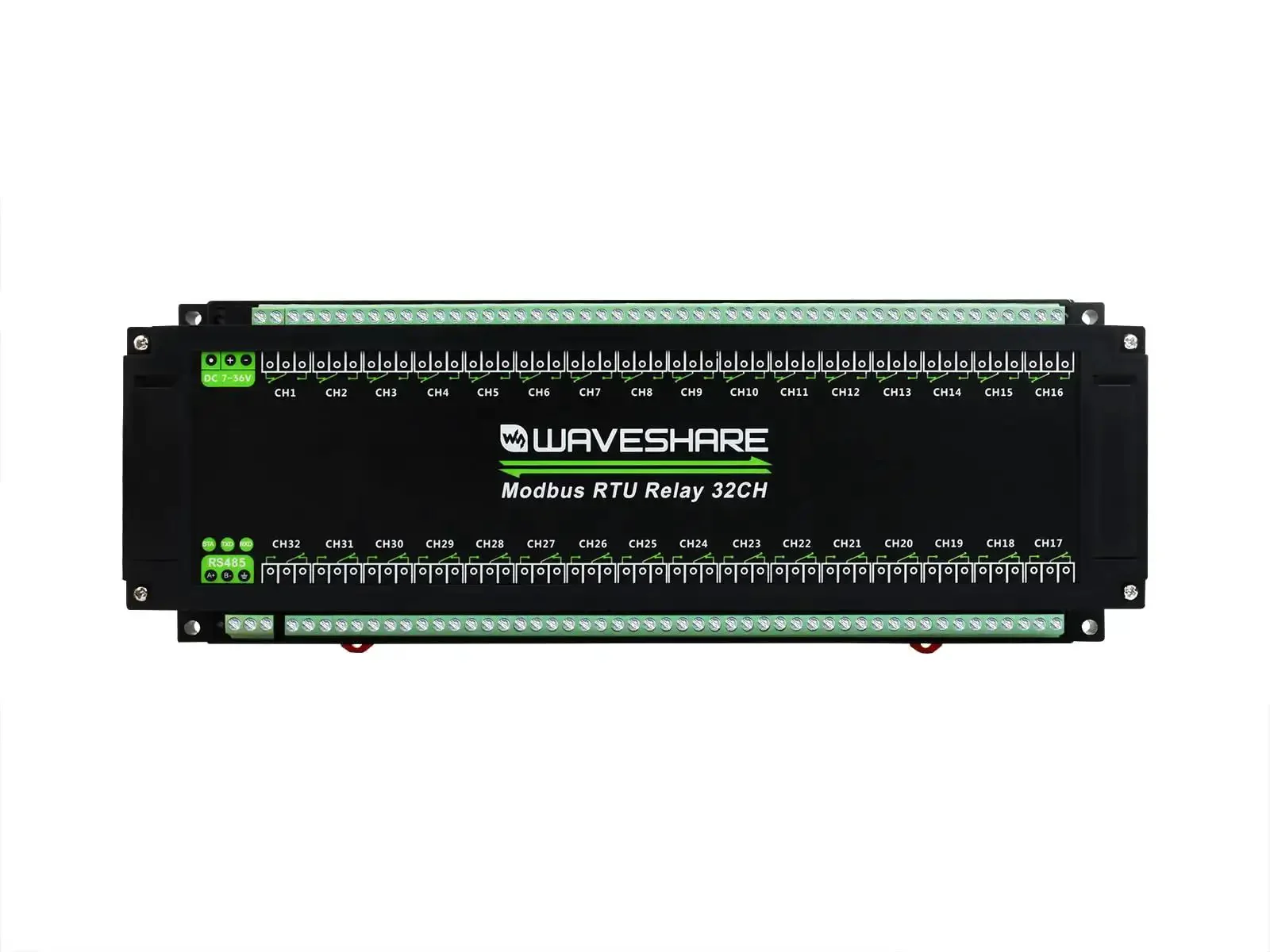 32 Channel Modbus RTU Relay Module With RS485 Interface, Isolation Protection Circuits, Industrial Rail Mount Case, Configurable Address 1 To 255, Cascadable Onboard Regulator For 7 To 36V Power, Includes Flash On Off Timing Function