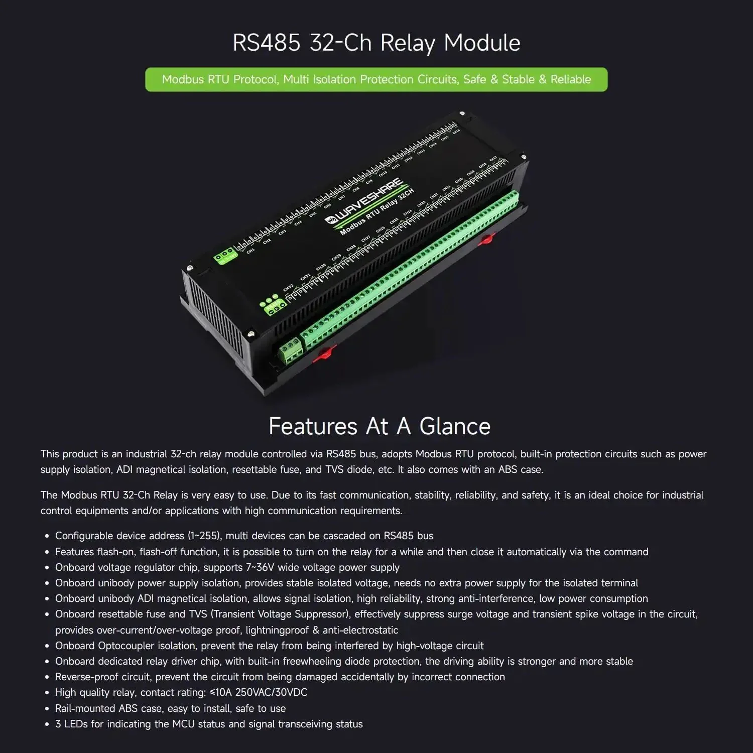 32 Channel Modbus RTU Relay Module With RS485 Interface, Isolation Protection Circuits, Industrial Rail Mount Case, Configurable Address 1 To 255, Cascadable Onboard Regulator For 7 To 36V Power, Includes Flash On Off Timing Function - Image 7