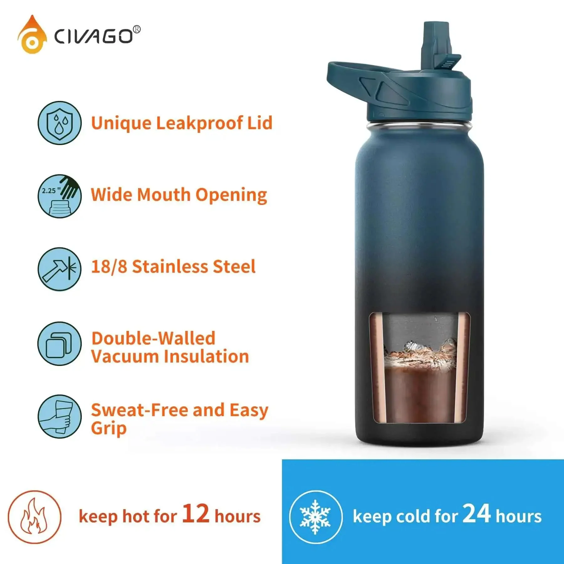 32 Oz Insulated Water Bottle With Straw Spout And Handle Lid Stainless Steel Sports Flask Keeps Drinks Hot Up To 12 Hours And Cold Up To 24 Hours Wide Mouth Travel Mug For Gym And Hiking Black - Image 4
