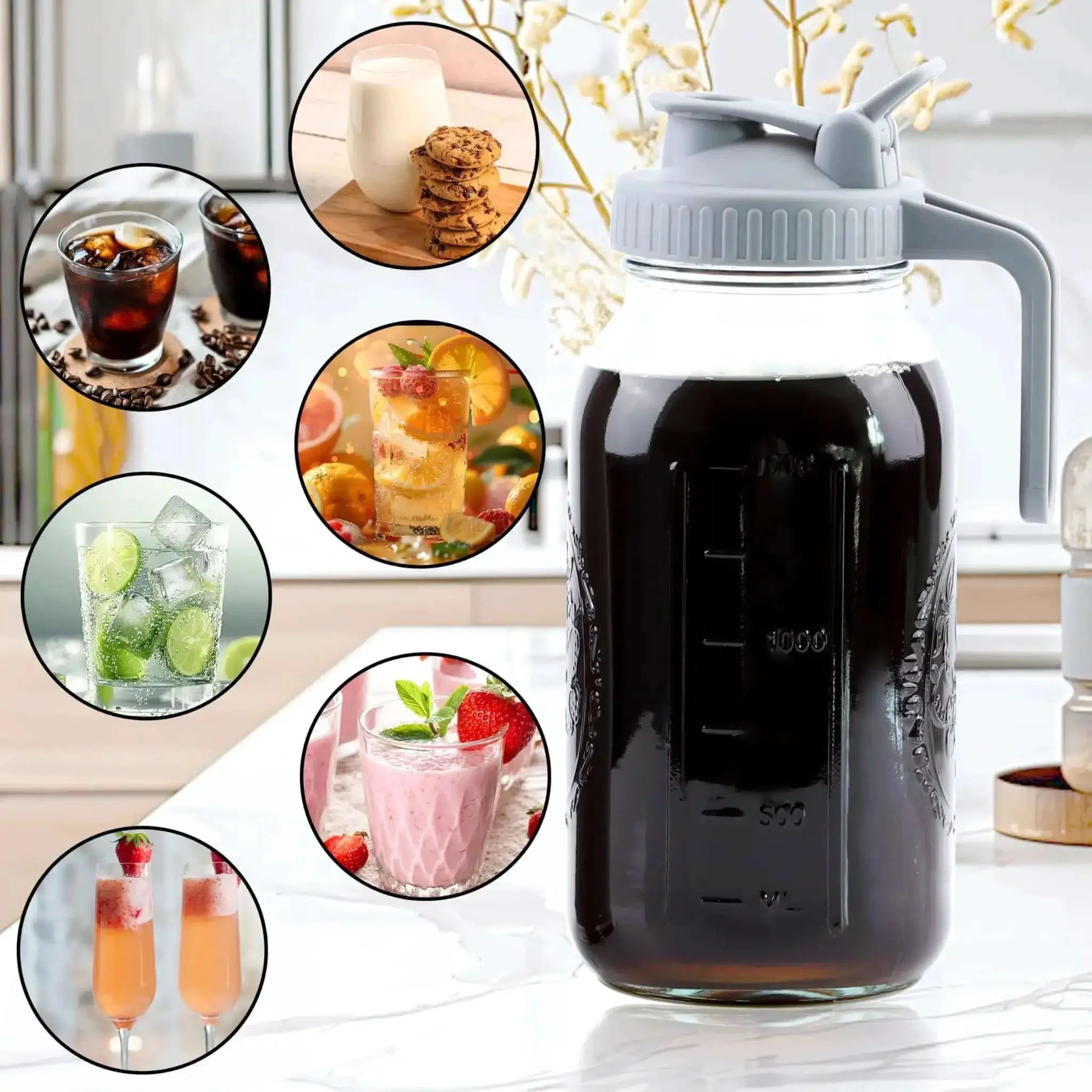 32 Oz Mason Jar Cold Brew Pitcher With Strainer And Wide Mouth Glass Spout Lids For Fridge Iced Coffee Tea Lemonade Sun Tea 1 Quart Brew Maker Dishwasher Safe No Mess - Image 2