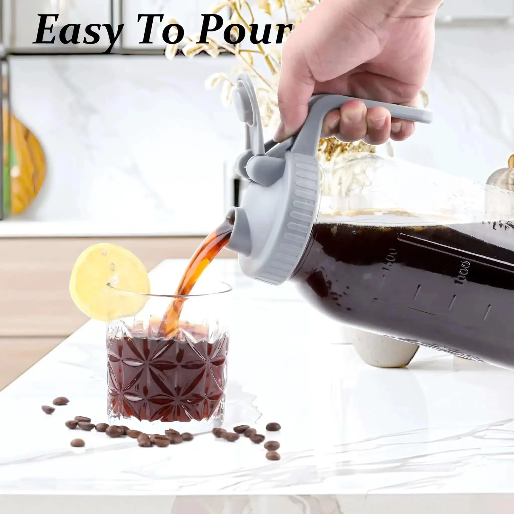 32 Oz Mason Jar Cold Brew Pitcher With Strainer And Wide Mouth Glass Spout Lids For Fridge Iced Coffee Tea Lemonade Sun Tea 1 Quart Brew Maker Dishwasher Safe No Mess - Image 5