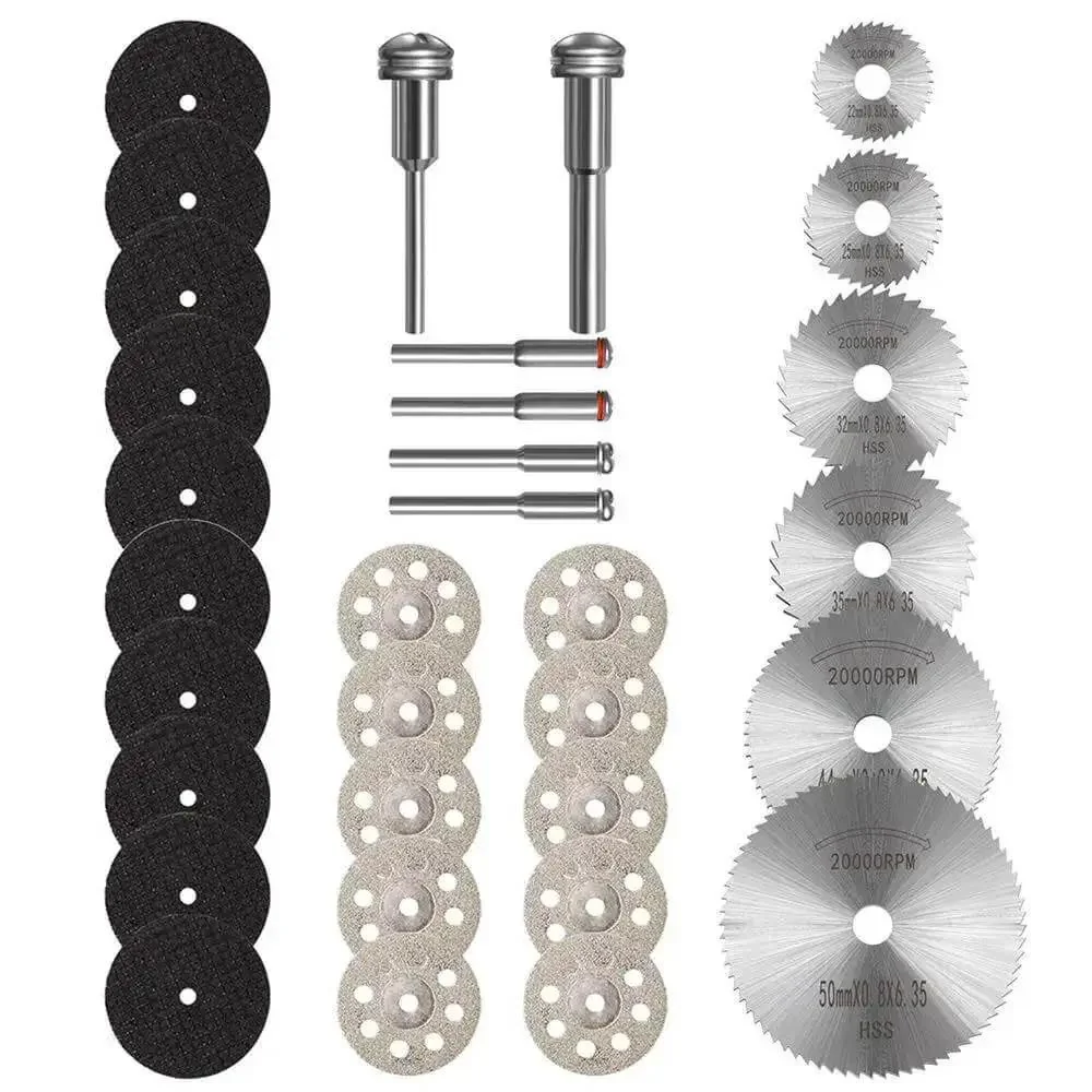 32 Piece Rotary Tool Accessories Kit Dremel Compatible With Cutting Wheels And Discs For Wood And Metal DIY Projects Including 10 Resin Cut Off Wheels 10 Diamond Cutting Discs With Mandrels And 6 HSS Circular Saw Blades One Eighth Inch Shank