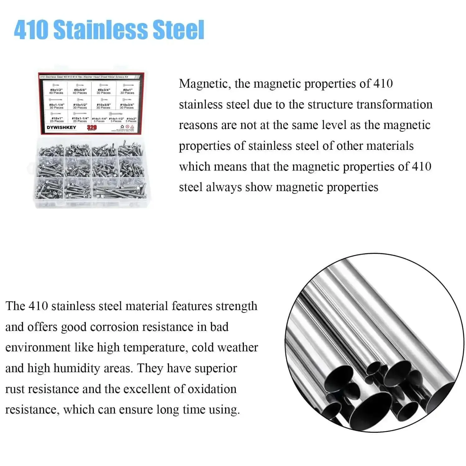 320 Piece 410 Stainless Steel Hex Washer Head Self Drilling Sheet Metal Screws Assortment Kit For Heavy Duty Metal Projects DIY Ready For Auto, Home And Shop In Sizes 8, 10 And 14 - Image 4
