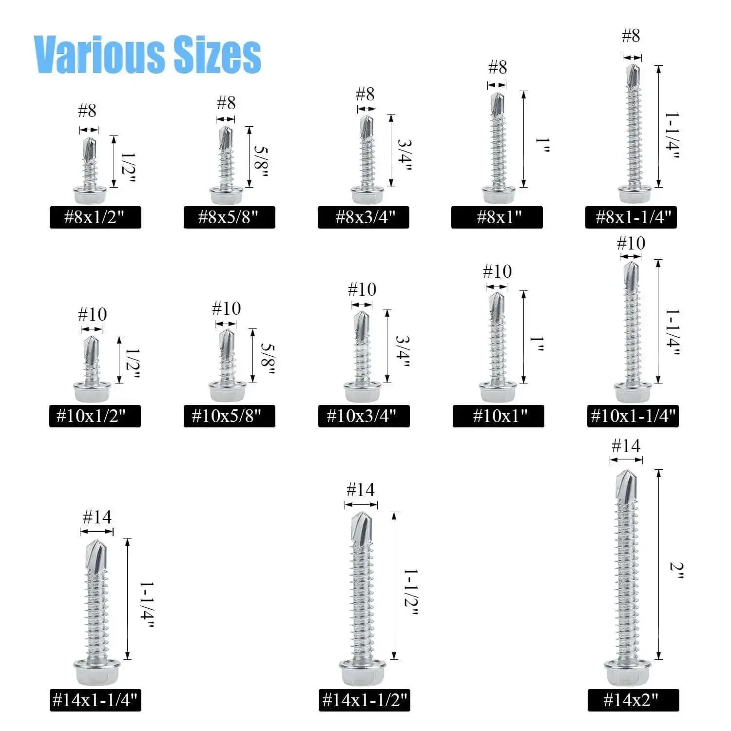 320 Piece 410 Stainless Steel Hex Washer Head Self Drilling Sheet Metal Screws Assortment Kit For Heavy Duty Metal Projects DIY Ready For Auto, Home And Shop In Sizes 8, 10 And 14 - Image 7