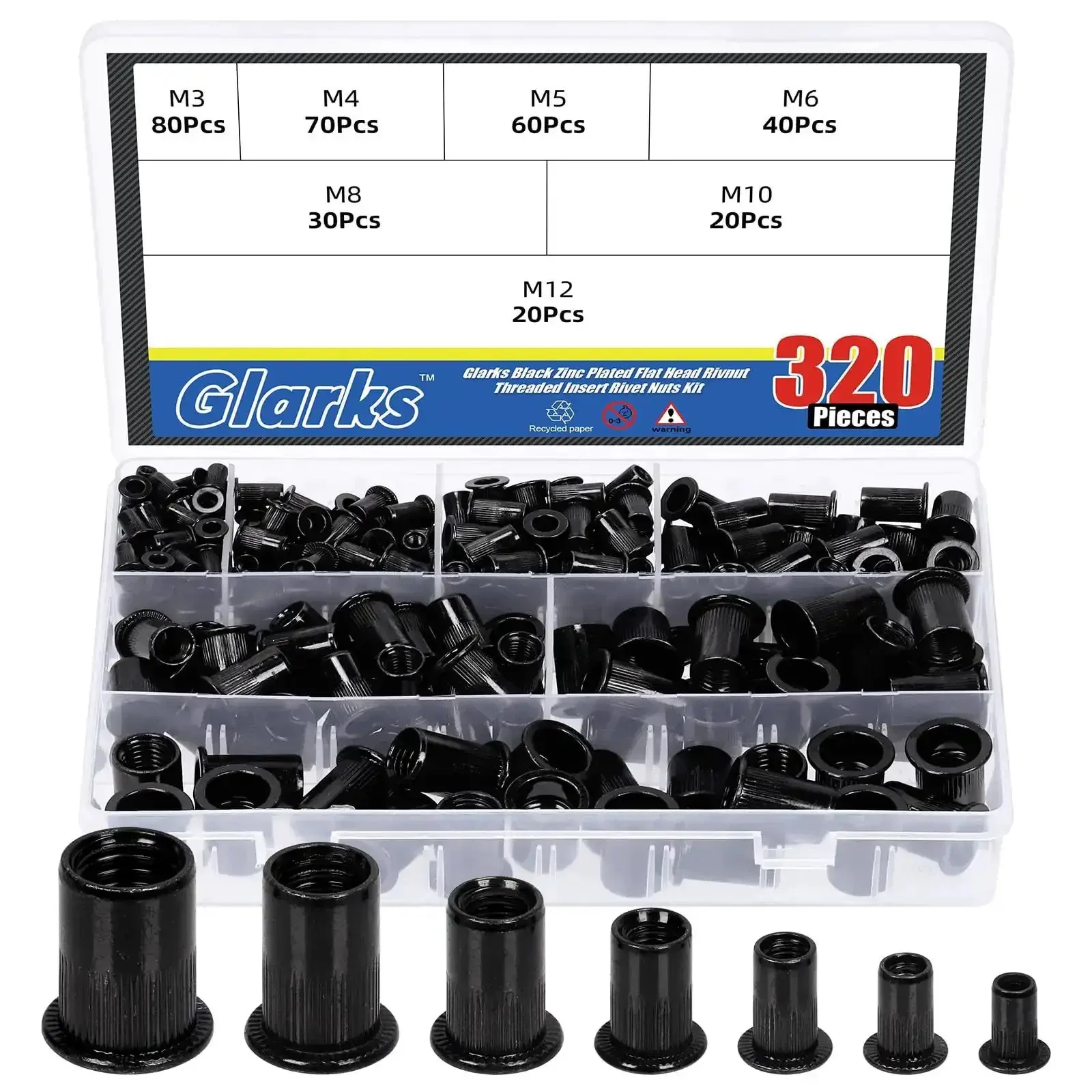 320 Piece Metric Rivet Nuts Kit M3 Through M12 With Flat Head Rivnut Inserts Black Zinc Plated Carbon Steel Assorted Sizes For DIY Projects Built Tough And Great For Fastening In Metalwork And Automotive Repairs