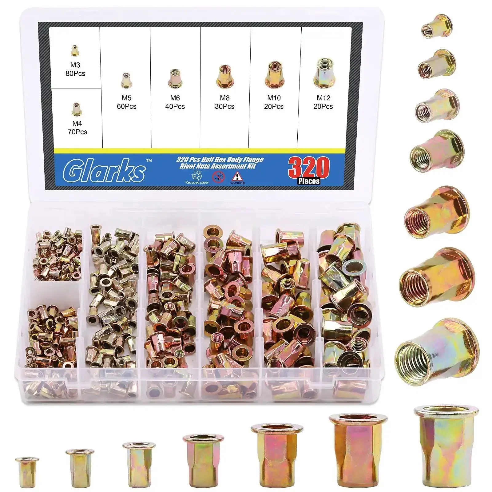 320Pcs Rivet Nut Assortment Kit M3 M4 M5 M6 M8 M10 M12 Half Hex Body Flange Rivet Nuts Zinc Plated Carbon Steel Flat Head Rivnut Set for Auto Repair DIY Projects and Metal Fabrication