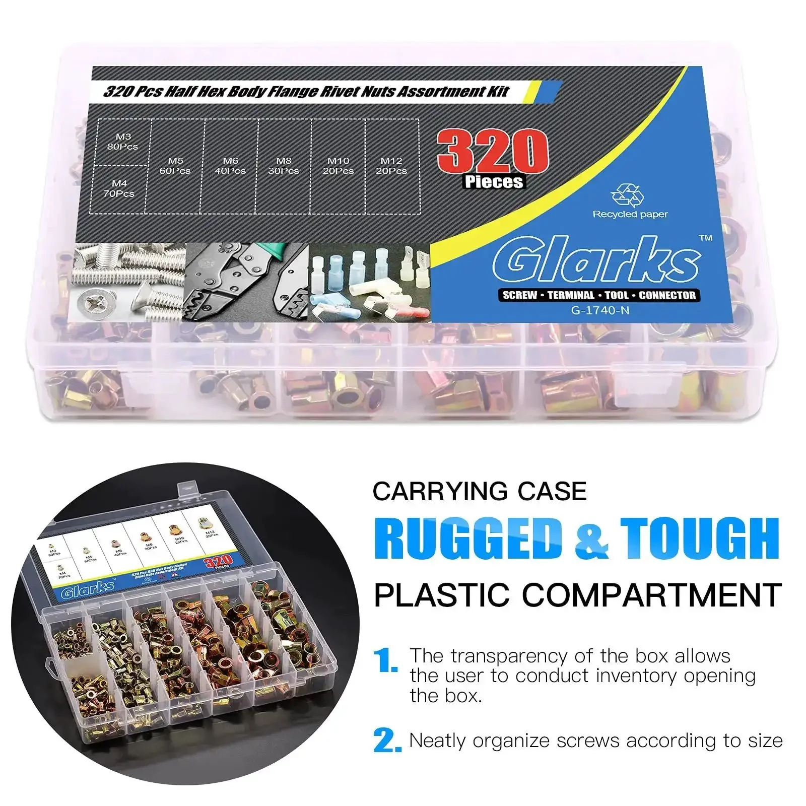 320Pcs Rivet Nut Assortment Kit M3 M4 M5 M6 M8 M10 M12 Half Hex Body Flange Rivet Nuts Zinc Plated Carbon Steel Flat Head Rivnut Set for Auto Repair DIY Projects and Metal Fabrication - Image 4