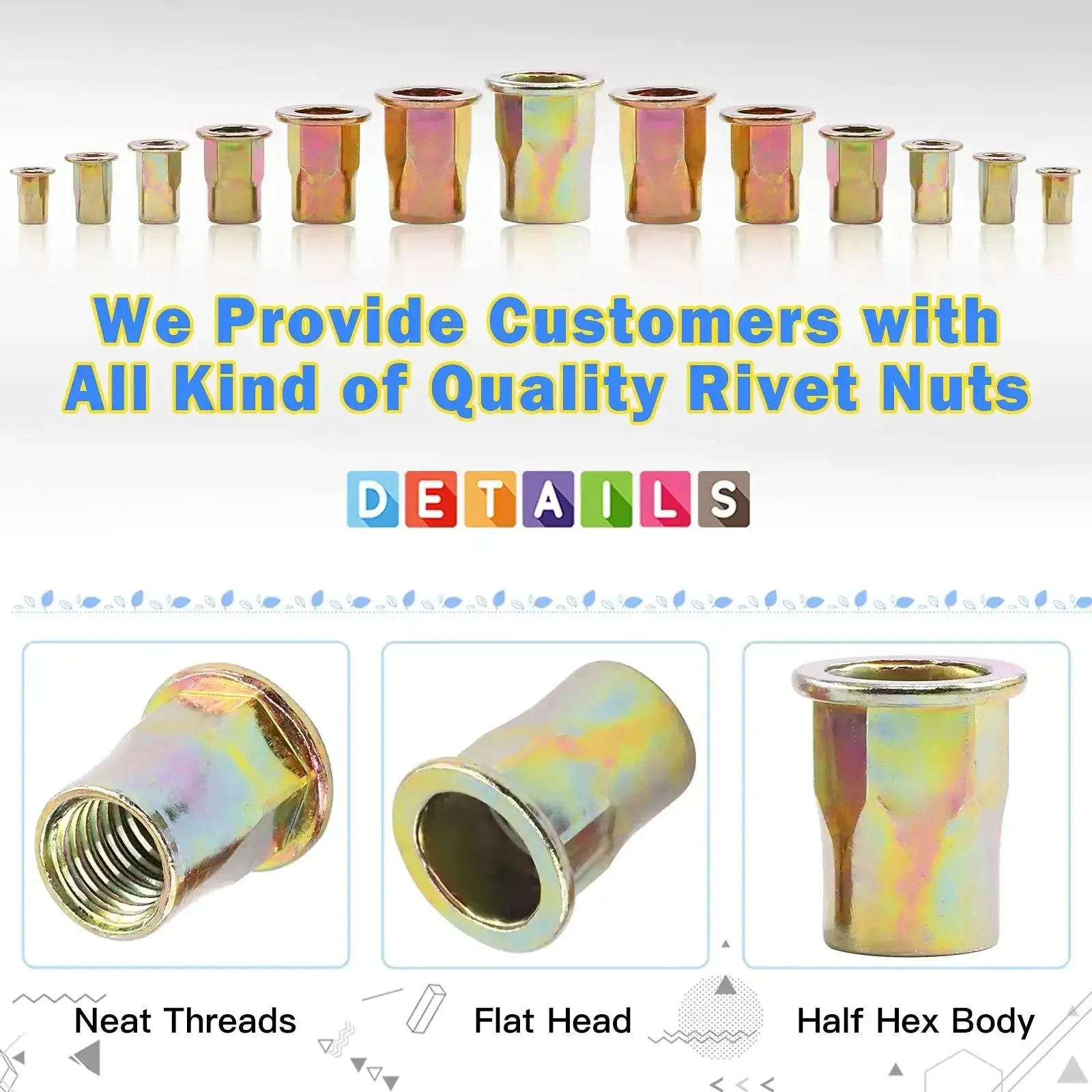 320Pcs Rivet Nut Assortment Kit M3 M4 M5 M6 M8 M10 M12 Half Hex Body Flange Rivet Nuts Zinc Plated Carbon Steel Flat Head Rivnut Set for Auto Repair DIY Projects and Metal Fabrication - Image 5
