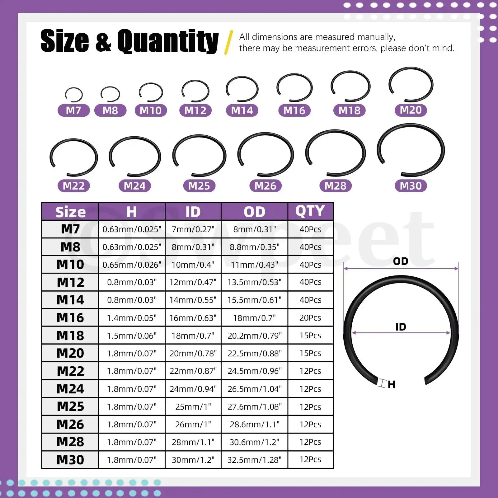 322 Piece Snap Ring Set Carbon Spring Steel And Manganese Round Wire C Clips Internal Snap Ring Kit 14 Sizes From 7mm To 30mm For Bearings And Holes - Image 7