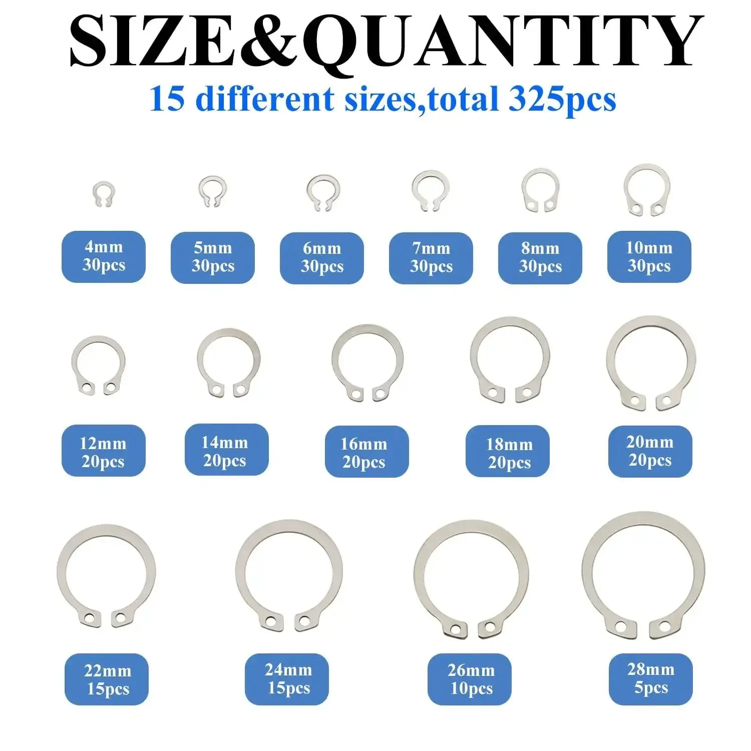 325 Pieces 304 Stainless Steel External C Clips Circlips Retaining Snap Ring Assortment Set For Shafts Cylinders Valves Machinery And DIY Enthusiasts Pro Grade Outdoor Projects - Image 6