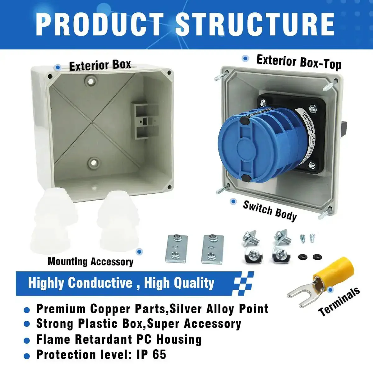 32A Rotary Changeover Switch Box With Exterior Housing, 3 Position 3 Phase, 12 Terminals, 2-Way 3NO 3NC Universal Selector, IP65 Cam Switch, Flame Retardant Housing, Panel-Ready, Beefy Heavy-Duty Power Transfer - Image 4
