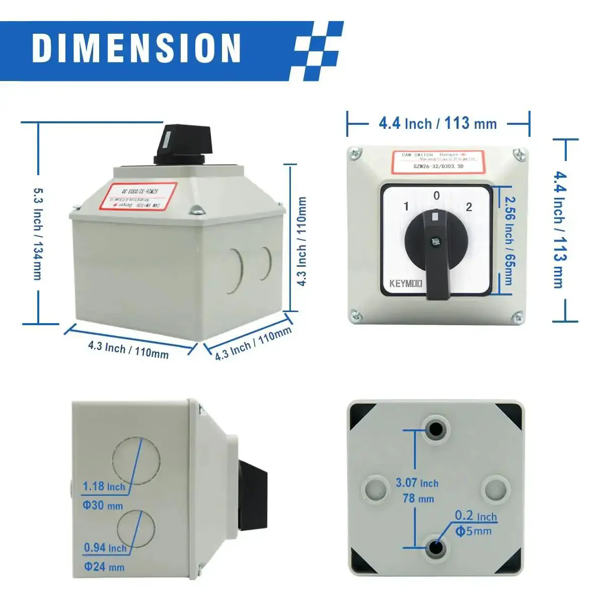 32A Rotary Changeover Switch Box With Exterior Housing, 3 Position 3 Phase, 12 Terminals, 2-Way 3NO 3NC Universal Selector, IP65 Cam Switch, Flame Retardant Housing, Panel-Ready, Beefy Heavy-Duty Power Transfer - Image 7