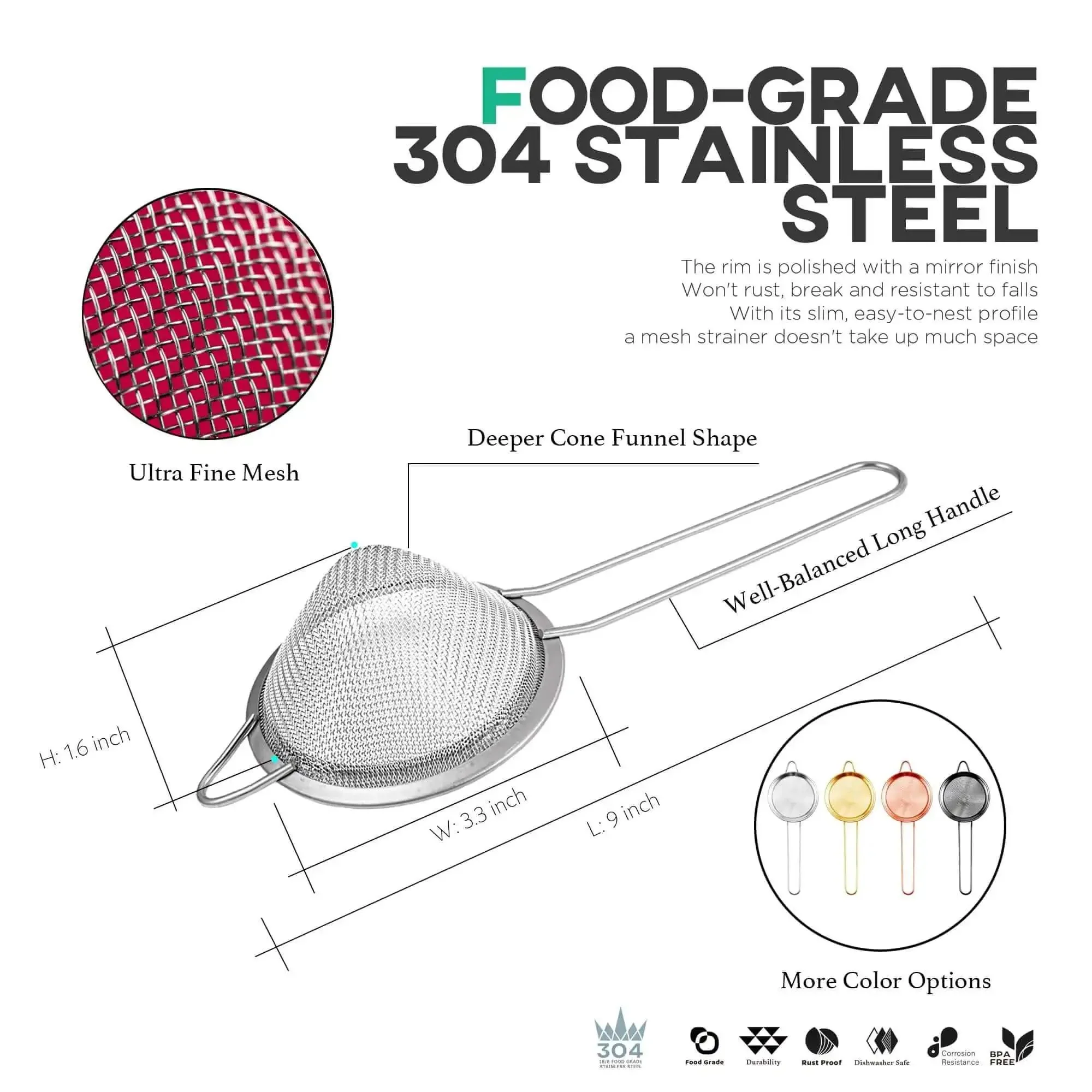 3.3 Inch Fine Mesh Strainer 304 Stainless Steel Cocktail Sieve For Tea Coffee Juice Rice Noodles Fruits Vegetables Oil And Dusting Flour Kitchen Bar Home Use Pro Grade No Pulp Filter - Image 7