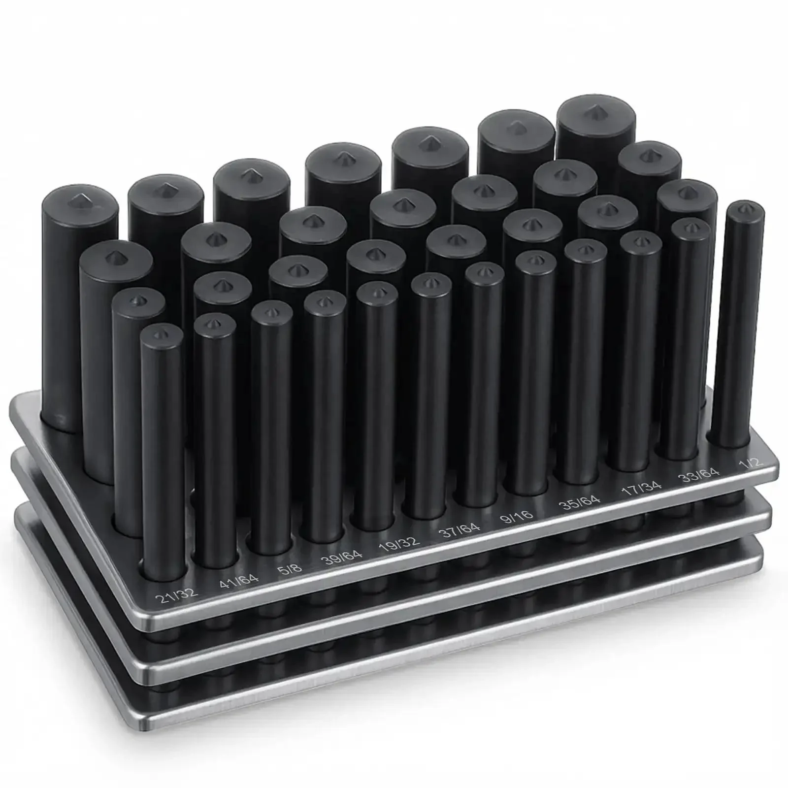 33 Piece All-In-One Transfer Punch Set With Premium Heat Treated Steel Punches From 1/2 To 1 Inch In 64th Increments, 4 7/8 Inch Long, Black Oxide Finish, Indexed Stand For Accurate Hole Transfer And Precise Machining Alignment