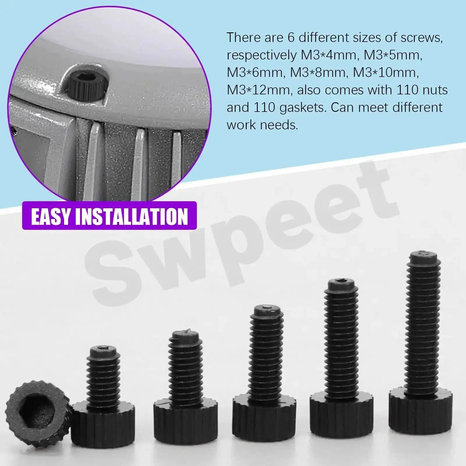 330Pcs M3 Nylon Hex Socket Screws Nuts With Washers Kit Six Sizes Black Plastic Hex Head Cap Screws Bolts Nuts Full Thread Knurled Bolts Lengths 4 5 6 8 10 12mm Dope For DIY Electronics And Hobby Builds - Image 5