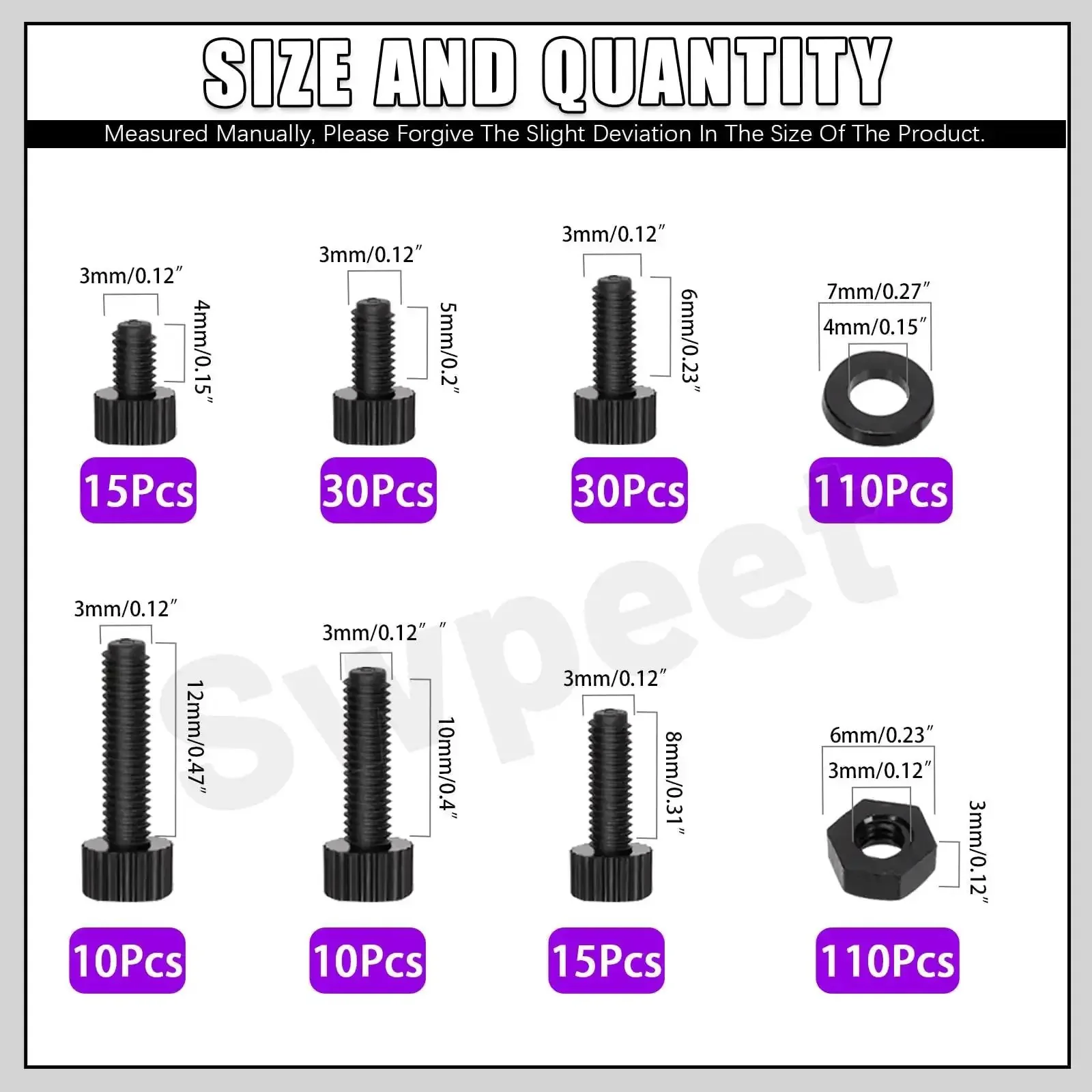 330Pcs M3 Nylon Hex Socket Screws Nuts With Washers Kit Six Sizes Black Plastic Hex Head Cap Screws Bolts Nuts Full Thread Knurled Bolts Lengths 4 5 6 8 10 12mm Dope For DIY Electronics And Hobby Builds - Image 7
