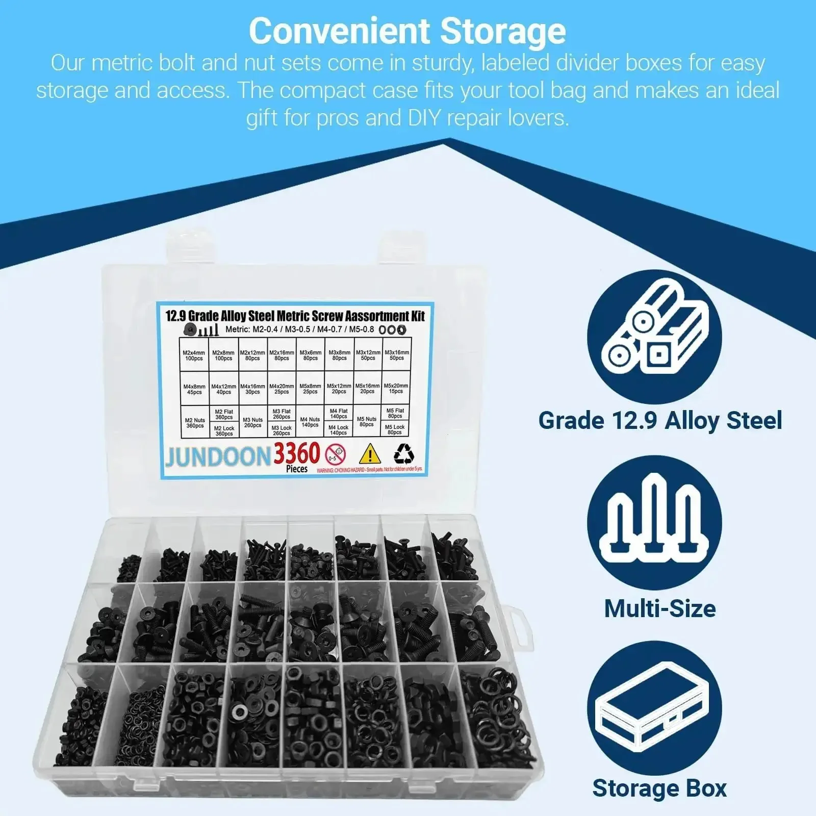 3360Pcs M2 M3 M4 M5 Screws Set With Countersunk Hex Socket Head Cap Screws Nuts Flat Washers And Lock Washers 12.9 Grade Alloy Steel Machine Screw Kit For Durable Hardware Projects And Pro DIY Builds - Image 5