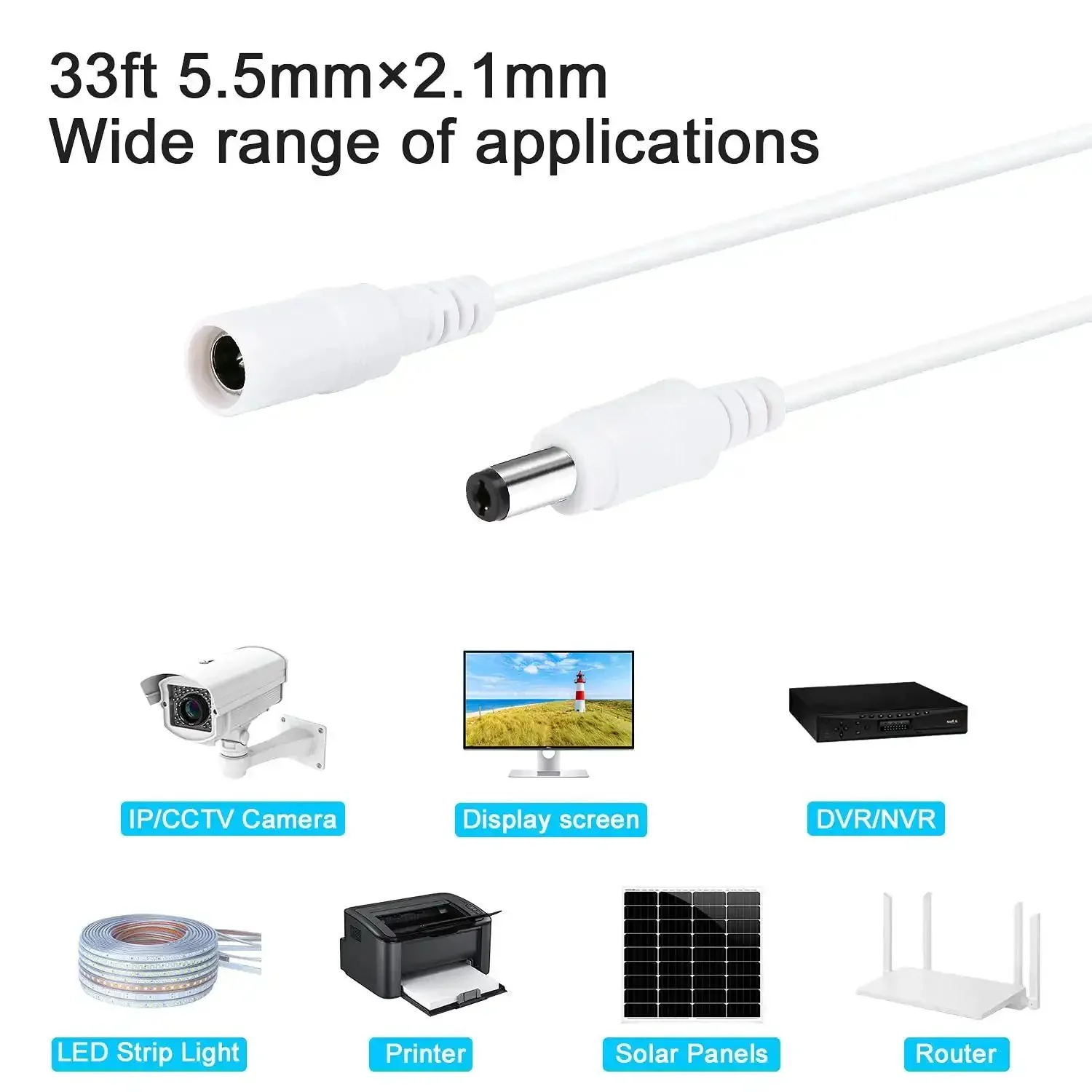 33Ft DC Power Extension Cable 2.1mm X 5.5mm Plug For 12V Adapters CCTV Cameras IP Cameras And DVRs White Long Power Cord For Surveillance Setups Durable Easy Install For Home Or Business Security Systems - Image 5