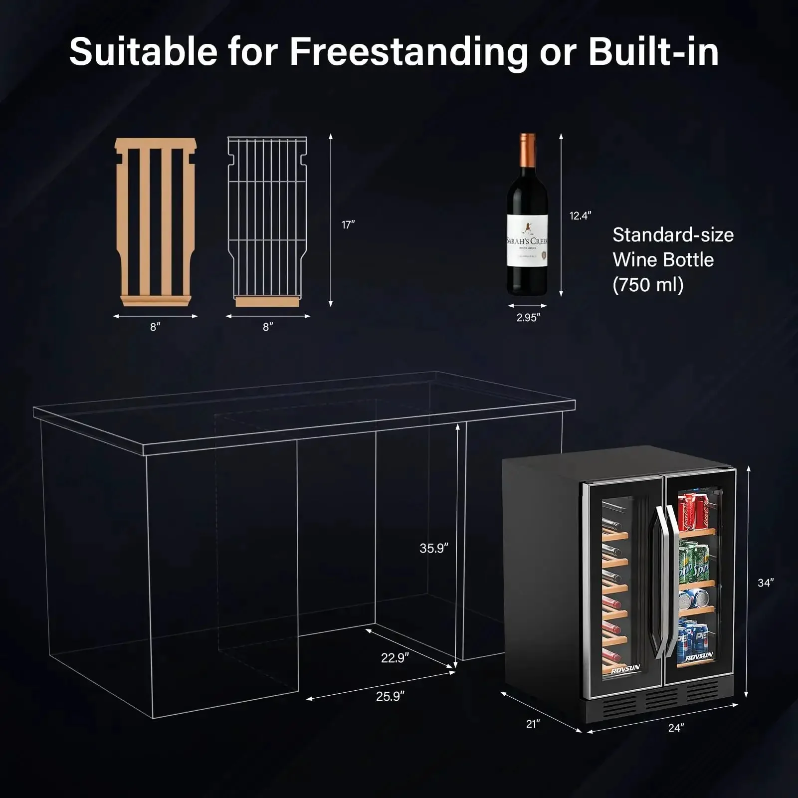 34 Bottle Dual Zone Wine And Beverage Fridge With Independent Temperature Control And LED Panel Built In Or Freestanding Under Counter Chiller For Red White Champagne And Beer - Image 5