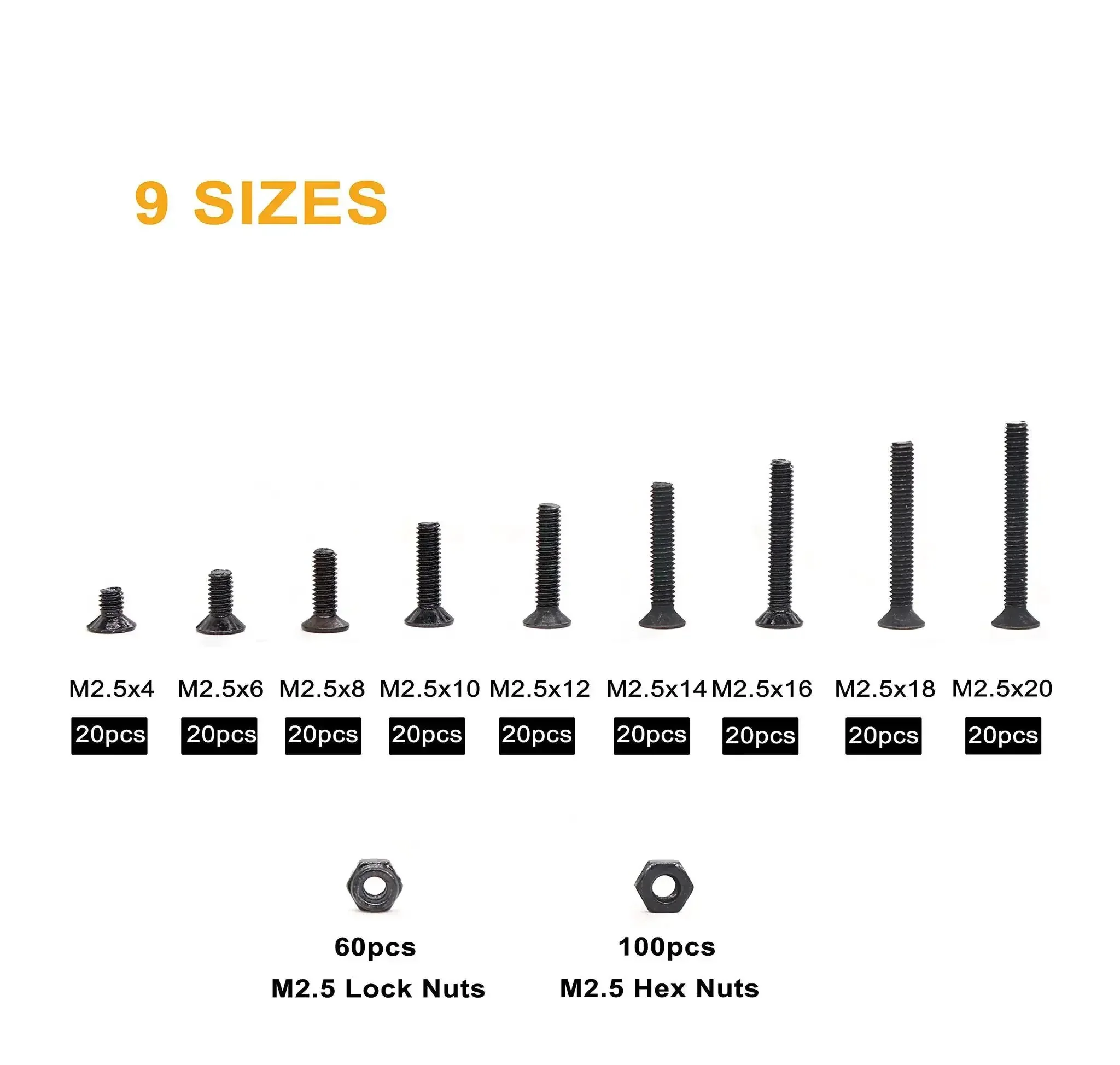 340 Piece M2.5 Black Countersunk Socket Cap Screws And Nylon Lock Nuts And Hex Nuts Kit, 10.9 Grade Alloy Steel M2.5 By 4 6 8 10 12 14 16 18 20mm, Versatile Hardware Set For Electronics Projects And DIY - Image 6