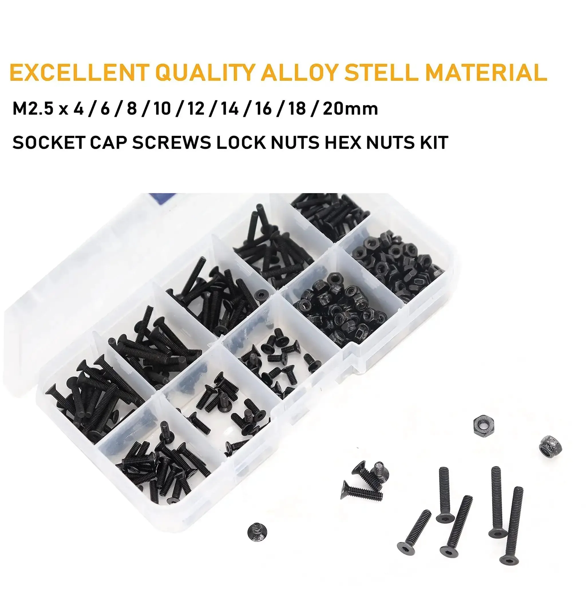 340 Piece M2.5 Black Countersunk Socket Cap Screws And Nylon Lock Nuts And Hex Nuts Kit, 10.9 Grade Alloy Steel M2.5 By 4 6 8 10 12 14 16 18 20mm, Versatile Hardware Set For Electronics Projects And DIY - Image 7