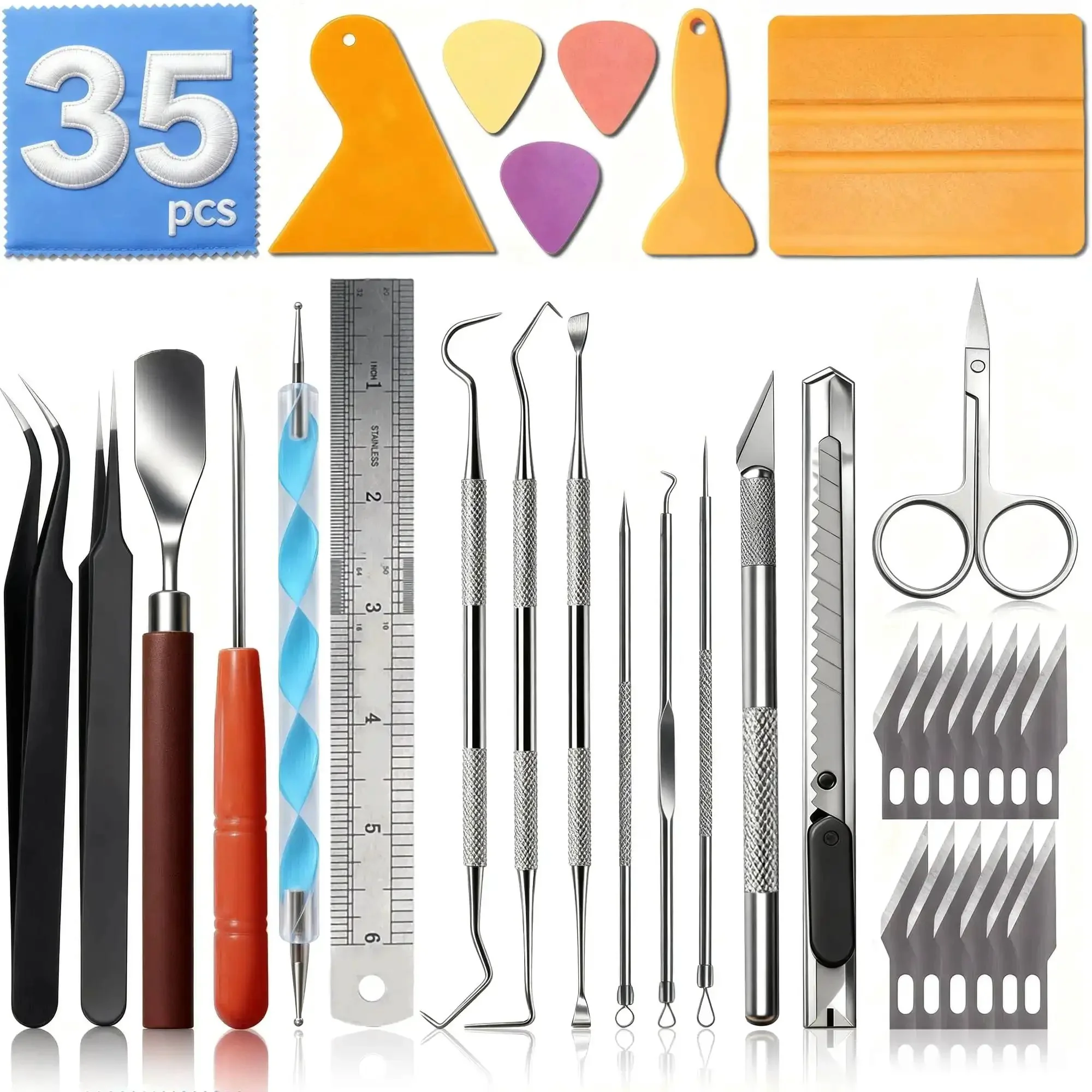 35-Piece All-In-One Weeding Tools Kit For Vinyl And Scrapbooking, Precision Craft Set With Tweezers, Hook Weeders, Utility Knife, Scissors, Tracing Pen, Awl, Spatula, Carving Knife With Blades, Ruler, Scrapers, Triangular Picks, Wiping Cloth - Image 2
