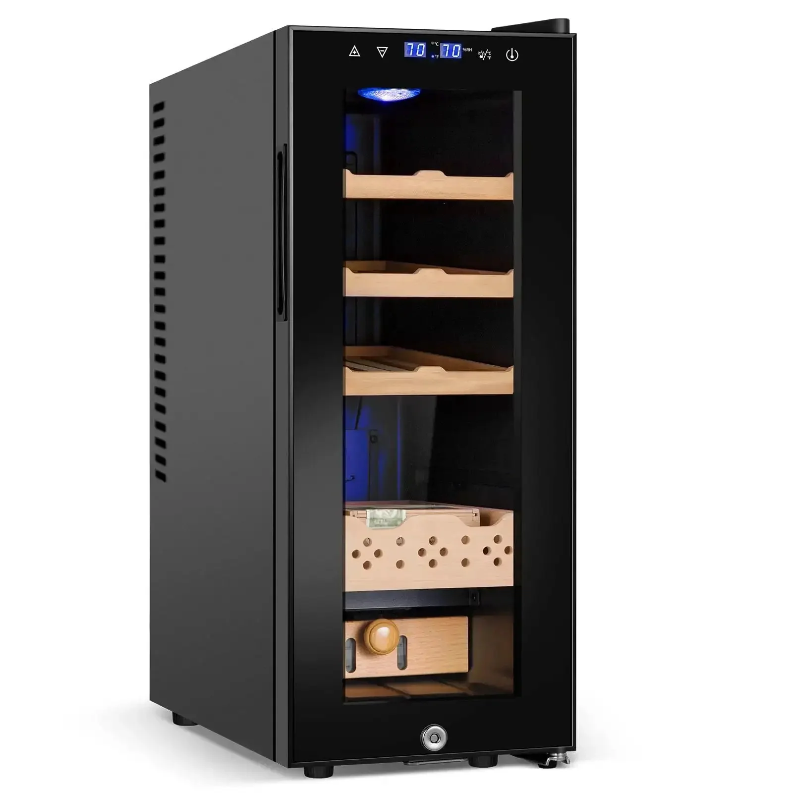 35L Temperature And Humidity Controlled Cooler Cabinet With Spanish Cedar Shelves And Safety Lock, 300 Count Capacity, Digital Touch Panel For Easy Monitoring, The Perfect Gift For Men Who Collect