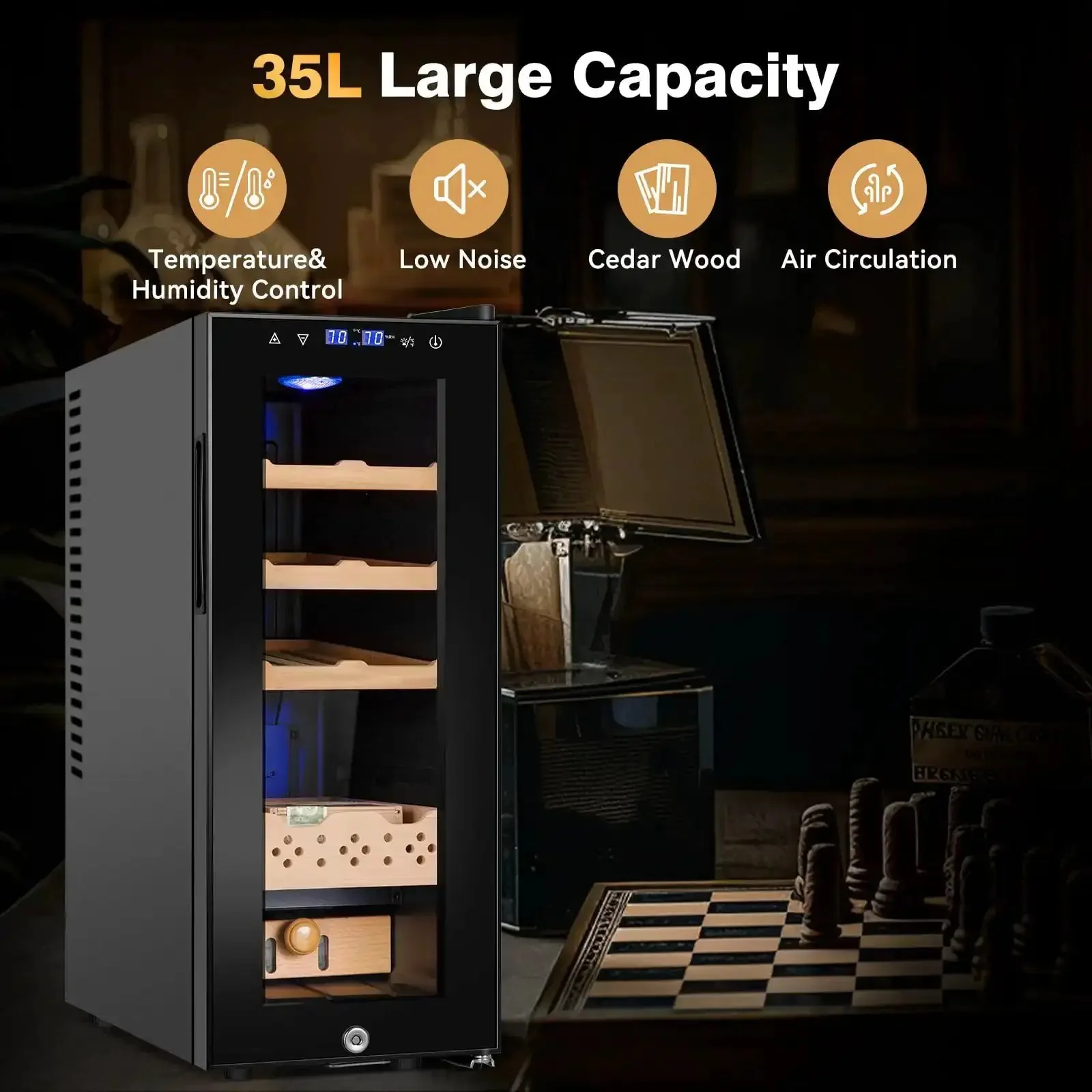 35L Temperature And Humidity Controlled Cooler Cabinet With Spanish Cedar Shelves And Safety Lock, 300 Count Capacity, Digital Touch Panel For Easy Monitoring, The Perfect Gift For Men Who Collect - Image 3