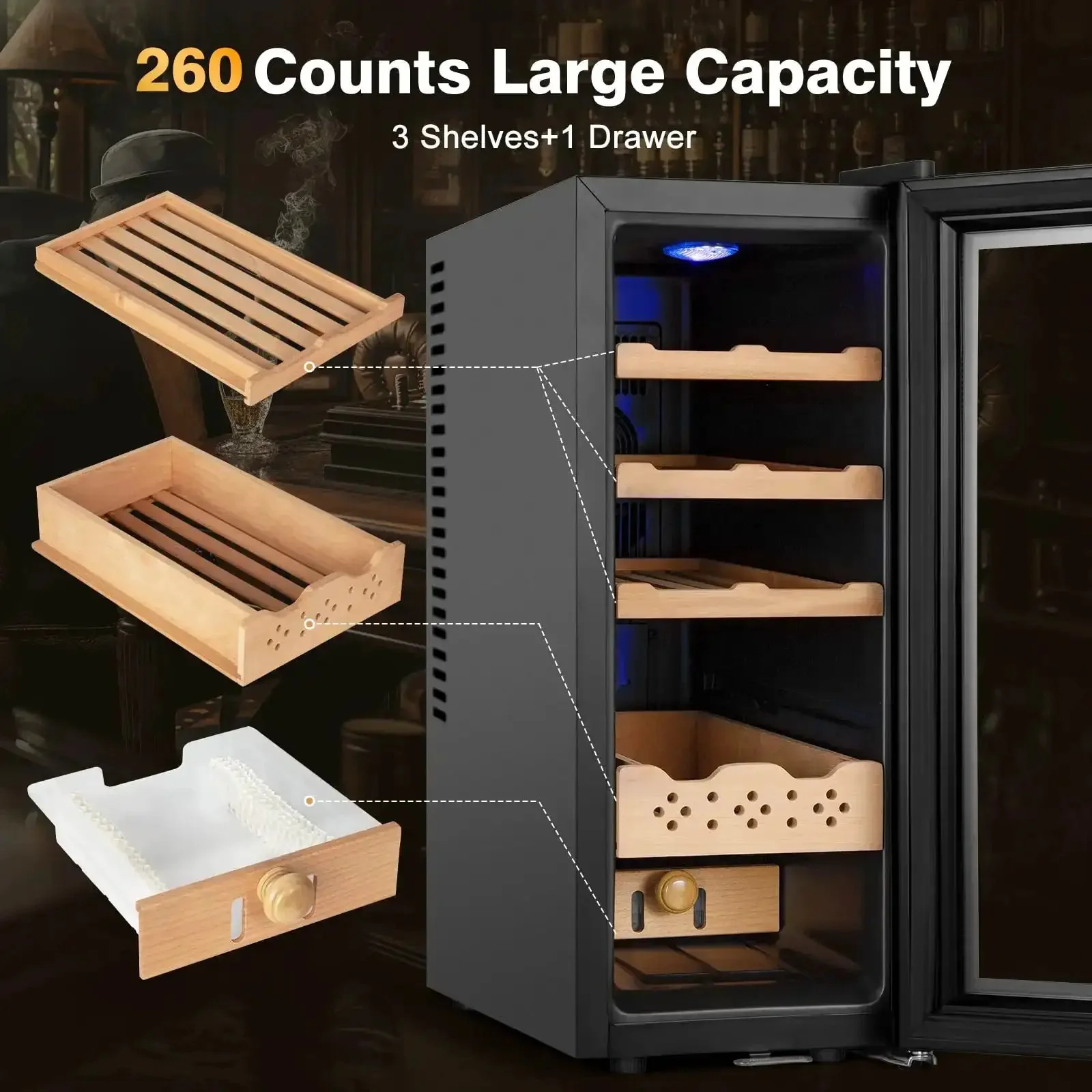 35L Temperature And Humidity Controlled Cooler Cabinet With Spanish Cedar Shelves And Safety Lock, 300 Count Capacity, Digital Touch Panel For Easy Monitoring, The Perfect Gift For Men Who Collect - Image 5