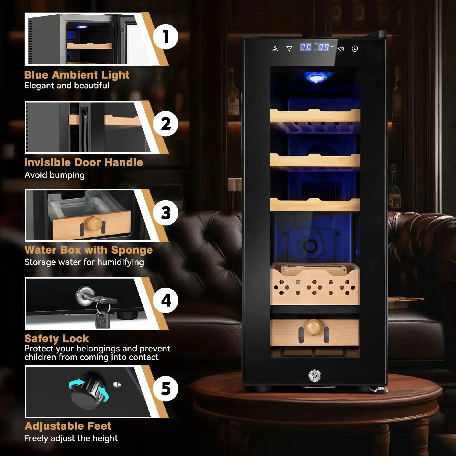 35L Temperature And Humidity Controlled Cooler Cabinet With Spanish Cedar Shelves And Safety Lock, 300 Count Capacity, Digital Touch Panel For Easy Monitoring, The Perfect Gift For Men Who Collect - Image 6