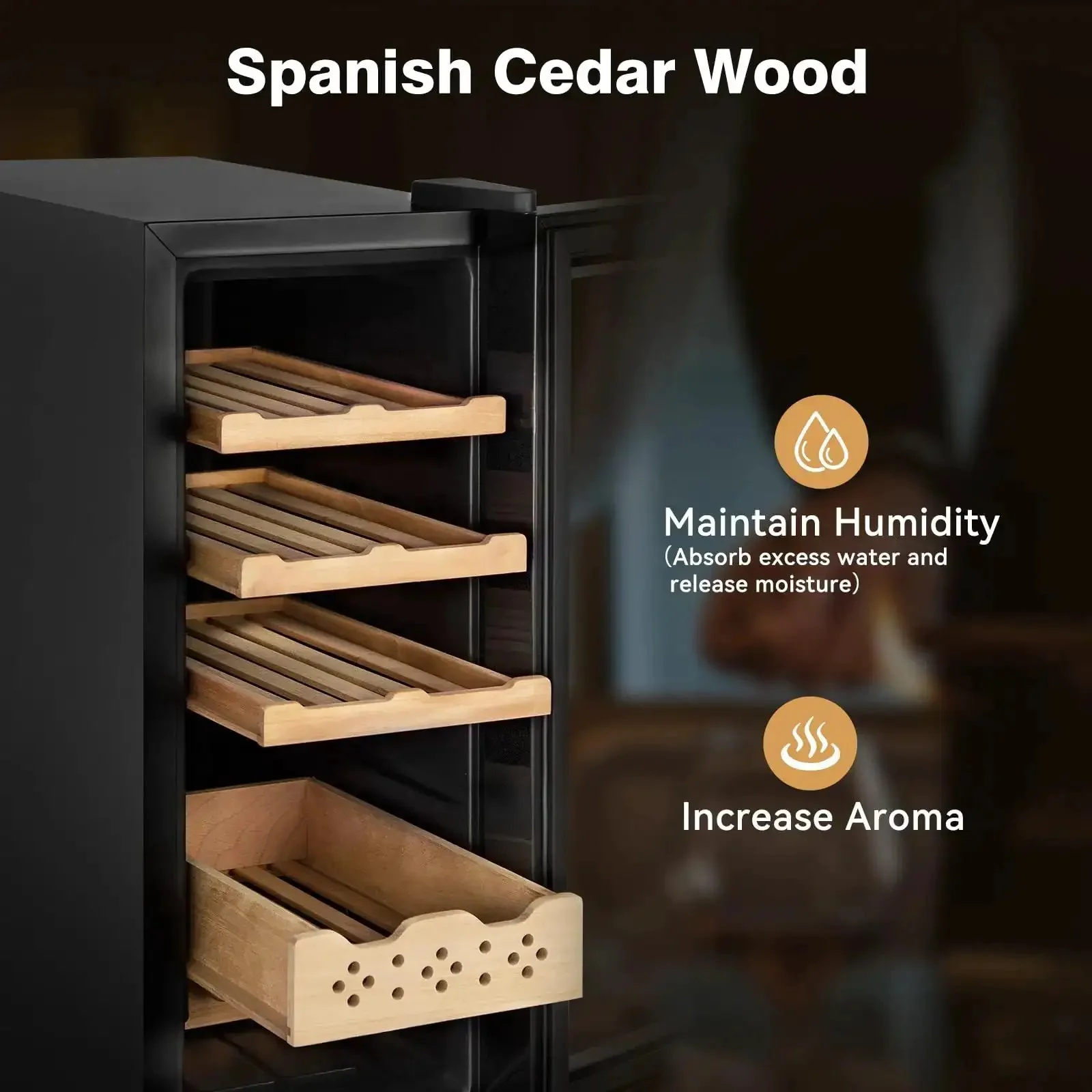 35L Temperature And Humidity Controlled Cooler Cabinet With Spanish Cedar Shelves And Safety Lock, 300 Count Capacity, Digital Touch Panel For Easy Monitoring, The Perfect Gift For Men Who Collect - Image 7