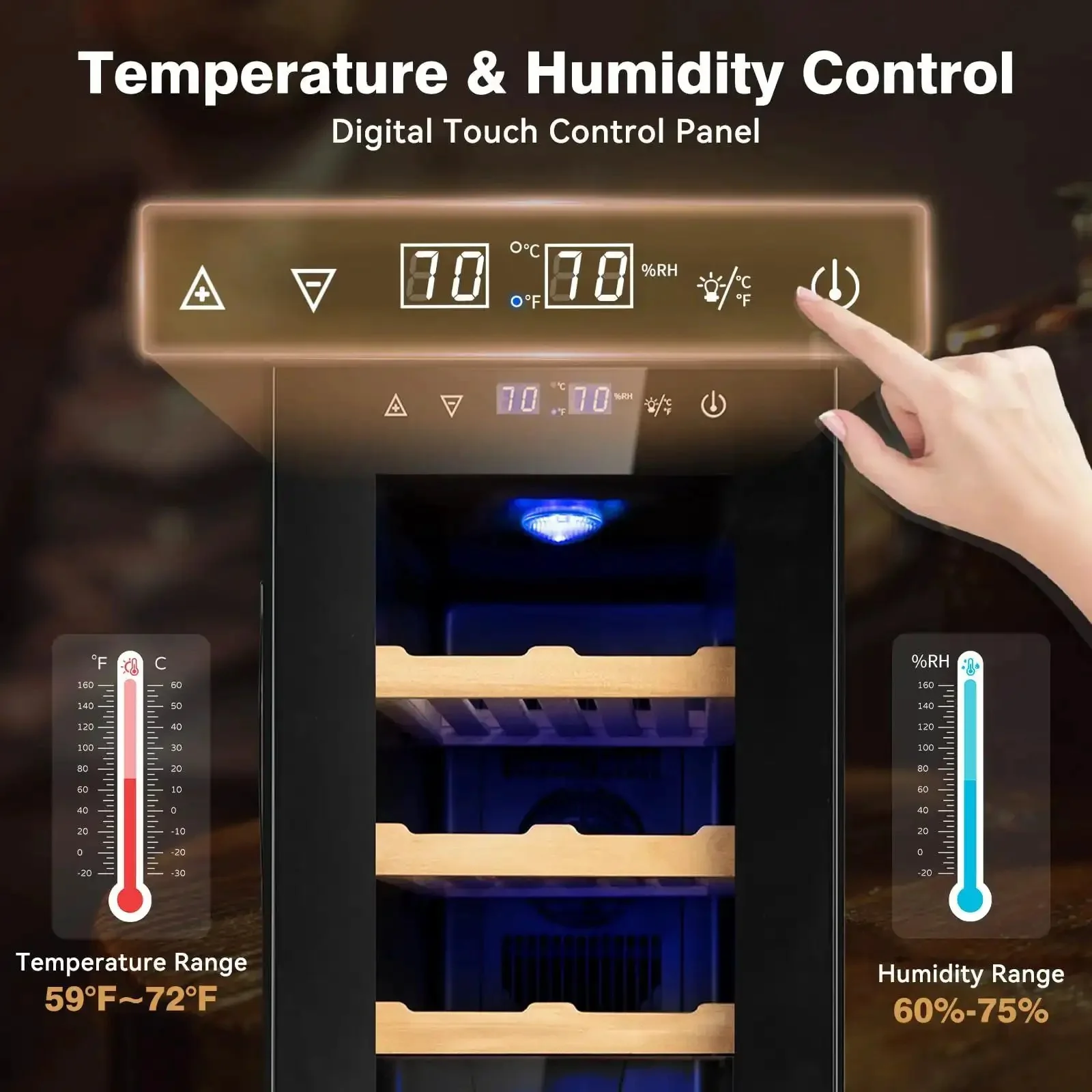 35L Temperature And Humidity Controlled Cooler Cabinet With Spanish Cedar Shelves And Safety Lock, 300 Count Capacity, Digital Touch Panel For Easy Monitoring, The Perfect Gift For Men Who Collect - Image 8
