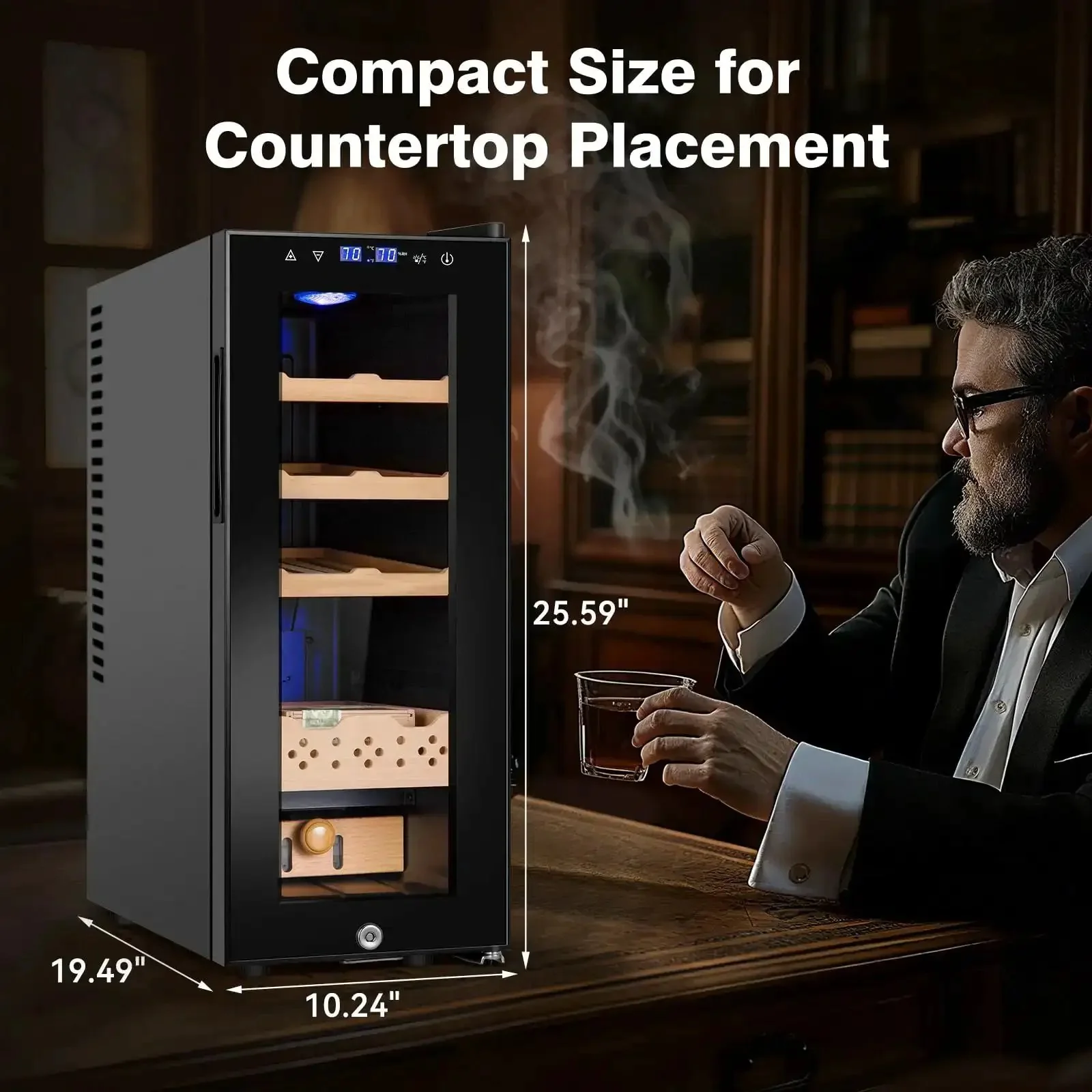 35L Temperature And Humidity Controlled Cooler Cabinet With Spanish Cedar Shelves And Safety Lock, 300 Count Capacity, Digital Touch Panel For Easy Monitoring, The Perfect Gift For Men Who Collect - Image 9