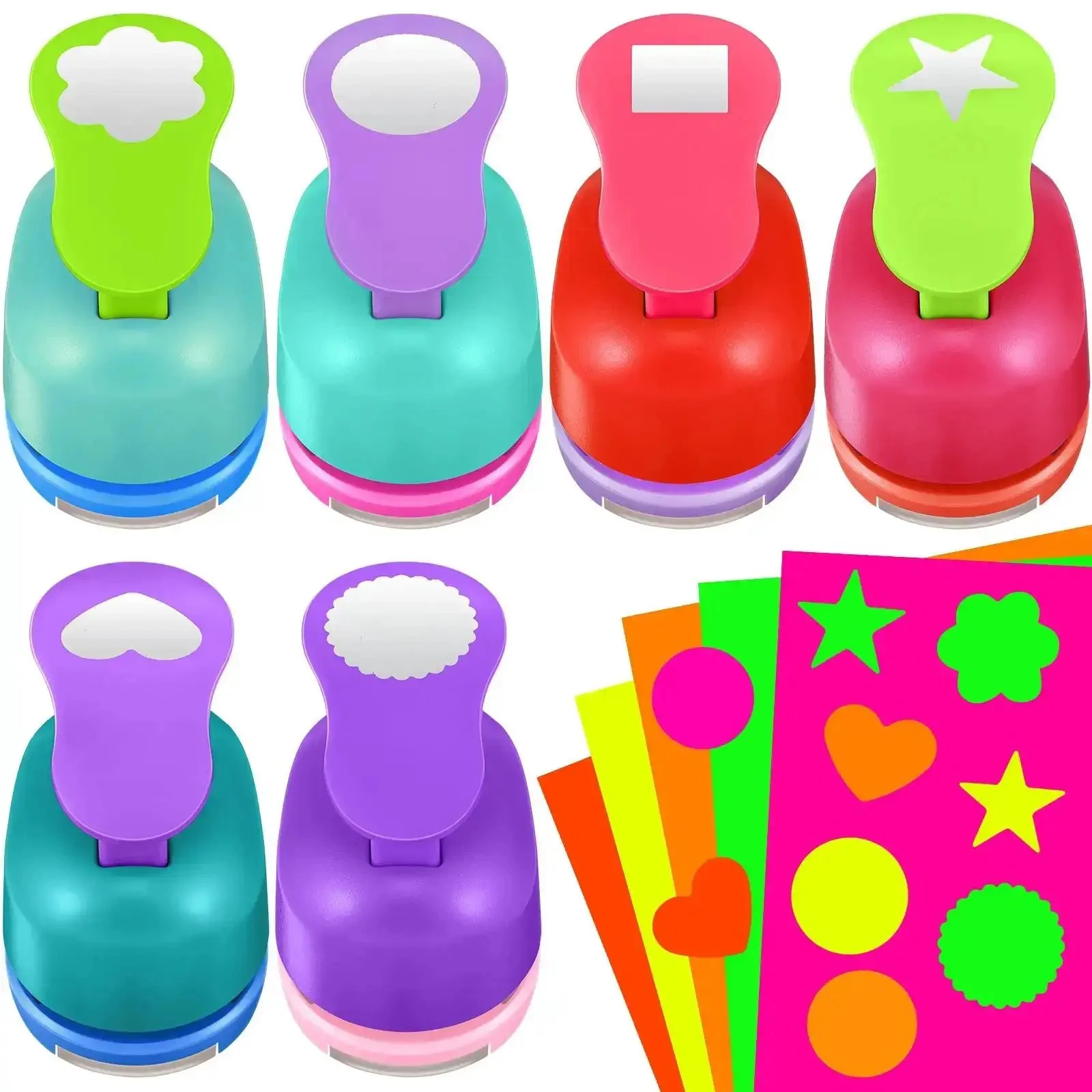 36 Piece Craft Hole Punch Shapes With Colorful Sticker Paper For Scrapbooking Easy To Use 1 Inch Paper Punchers Set Including Flower Round Star Square Heart Wave Circle And More Shapes And Stickers