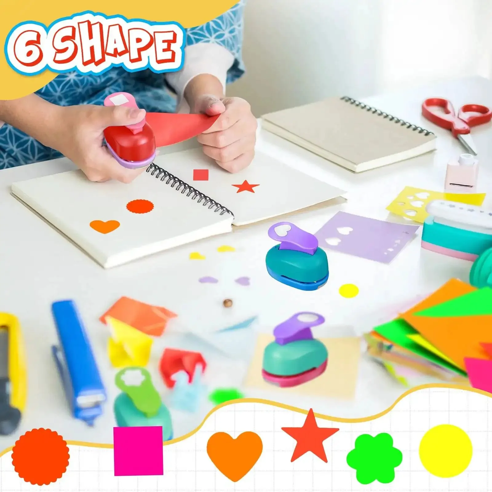 36 Piece Craft Hole Punch Shapes With Colorful Sticker Paper For Scrapbooking Easy To Use 1 Inch Paper Punchers Set Including Flower Round Star Square Heart Wave Circle And More Shapes And Stickers - Image 3