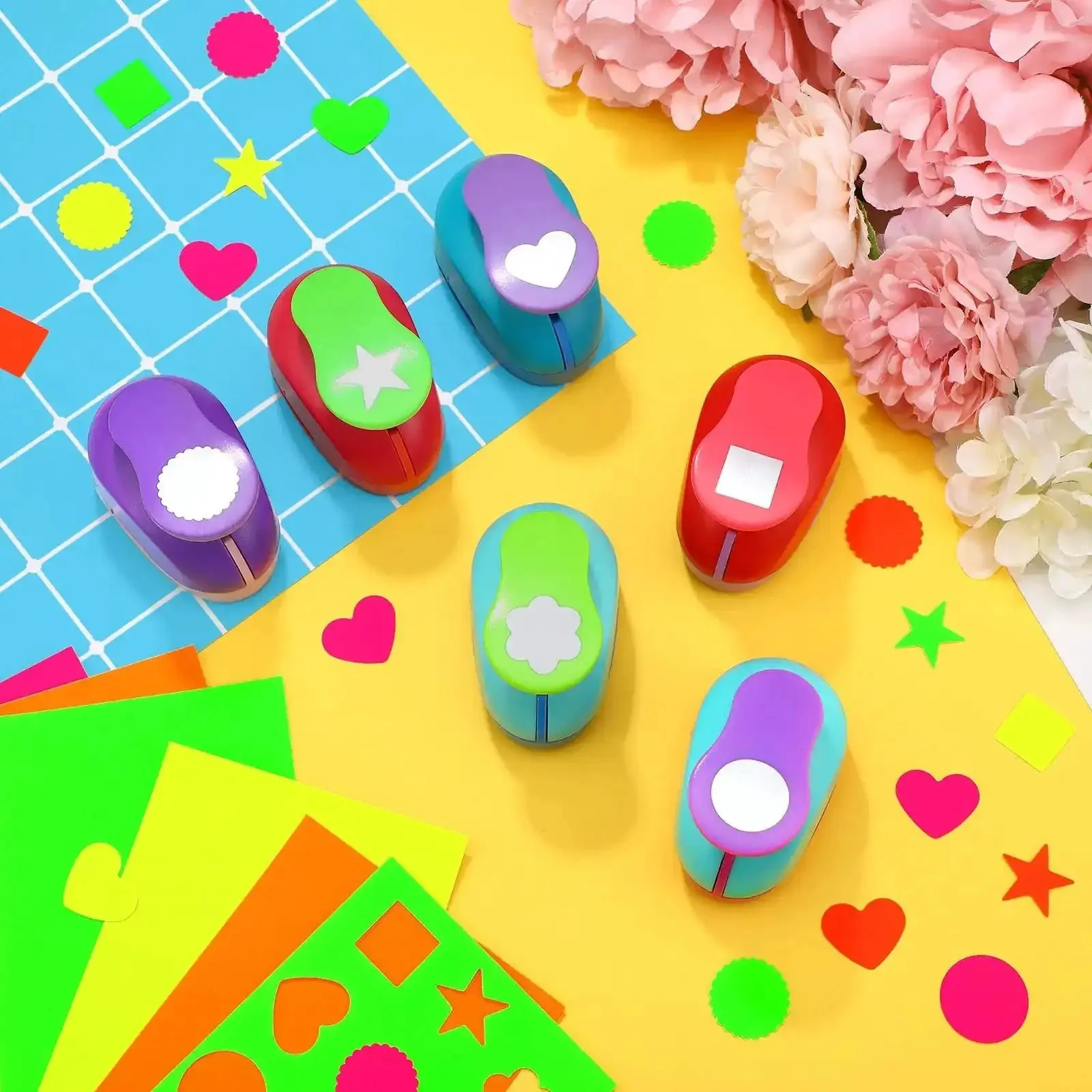 36 Piece Craft Hole Punch Shapes With Colorful Sticker Paper For Scrapbooking Easy To Use 1 Inch Paper Punchers Set Including Flower Round Star Square Heart Wave Circle And More Shapes And Stickers - Image 4