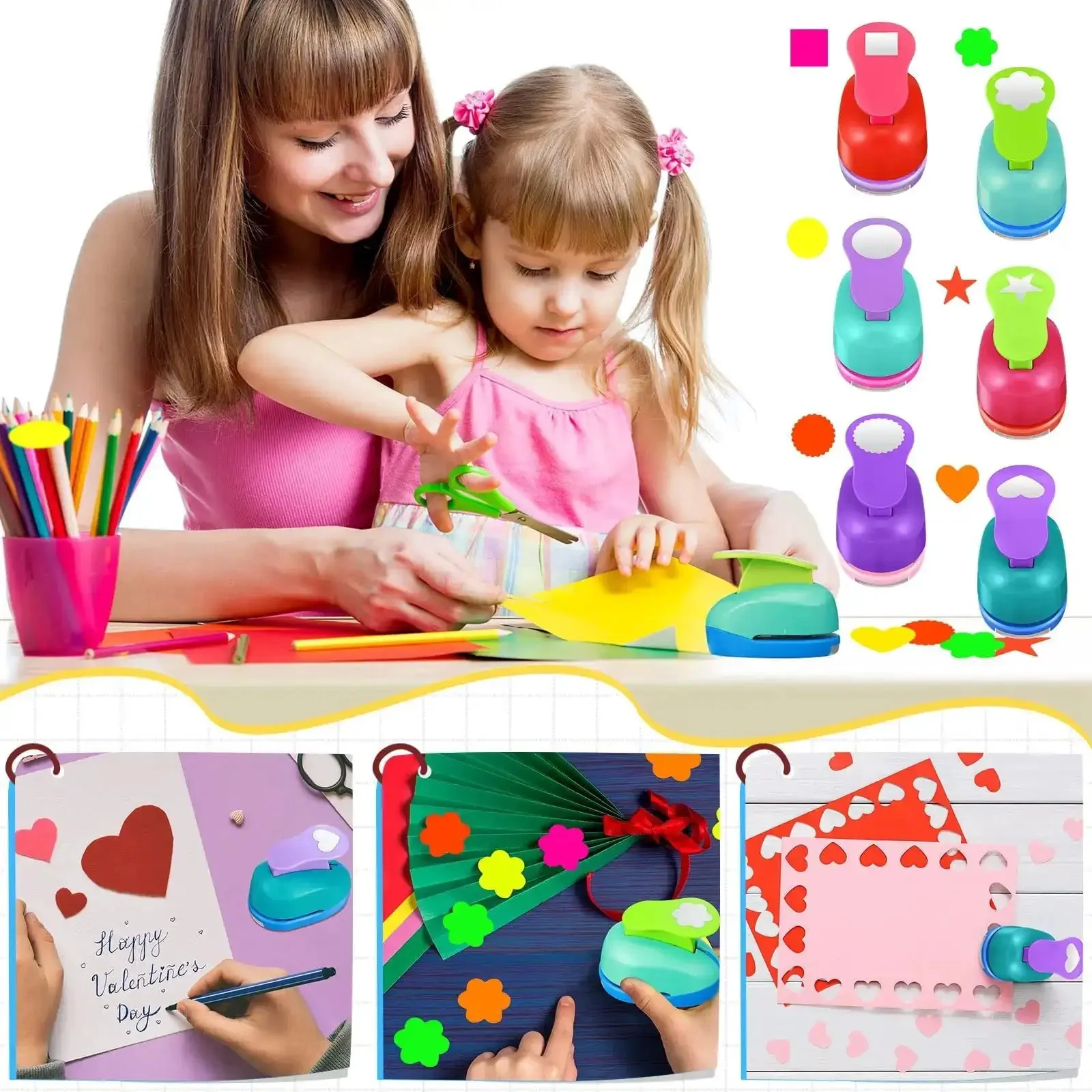 36 Piece Craft Hole Punch Shapes With Colorful Sticker Paper For Scrapbooking Easy To Use 1 Inch Paper Punchers Set Including Flower Round Star Square Heart Wave Circle And More Shapes And Stickers - Image 6