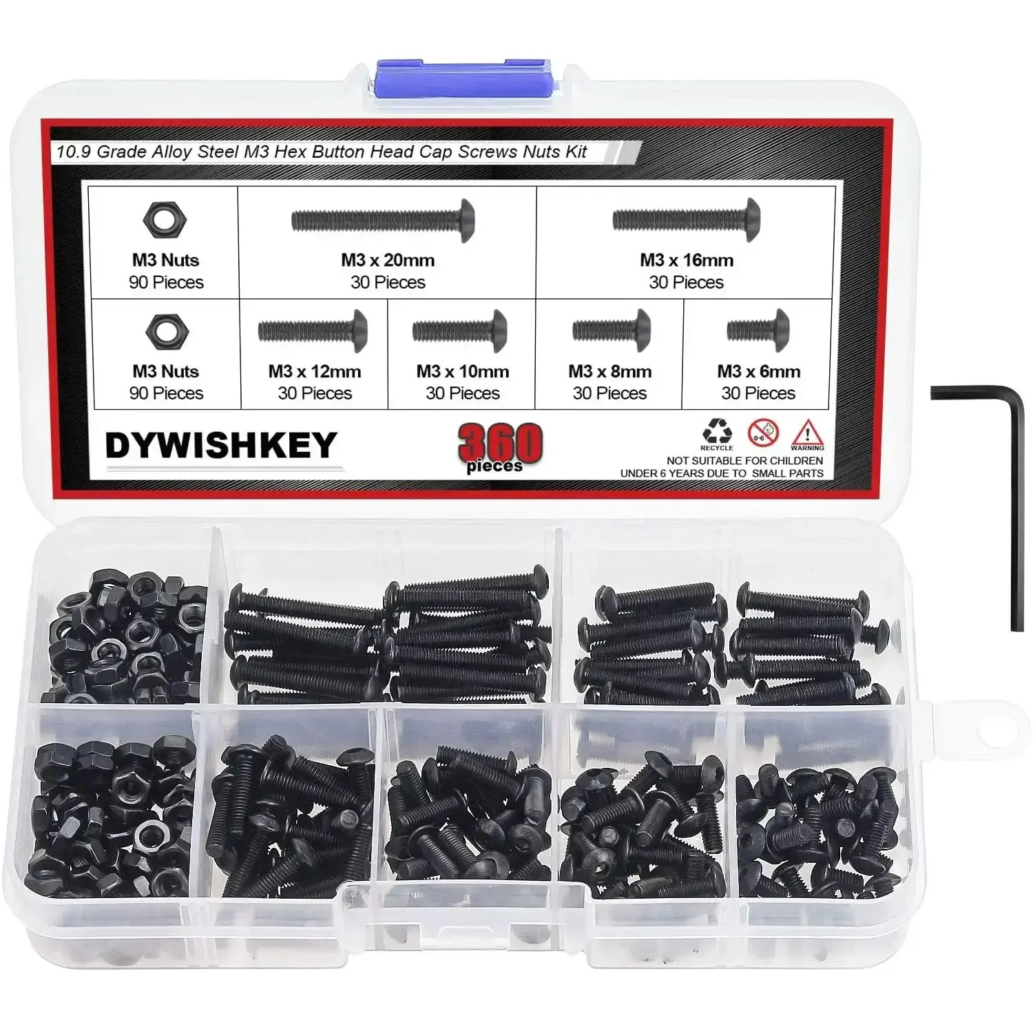 360 Piece M3 Hex Button Head Bolts Set, Pro Grade 10.9 Alloy Steel Screws Nuts Kit With Hex Wrench, Includes 6mm 8mm 10mm 12mm 16mm 20mm For Do It Yourself Projects
