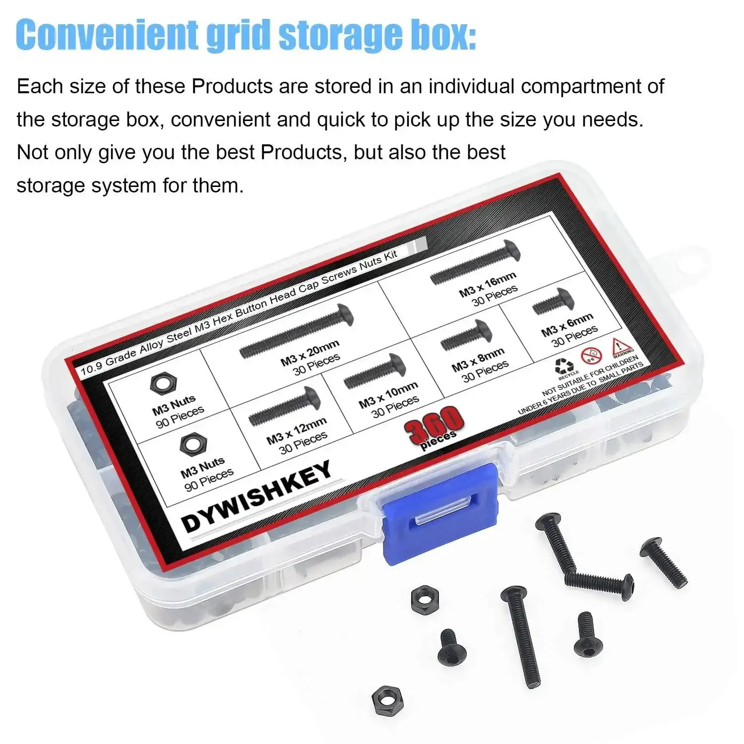 360 Piece M3 Hex Button Head Bolts Set, Pro Grade 10.9 Alloy Steel Screws Nuts Kit With Hex Wrench, Includes 6mm 8mm 10mm 12mm 16mm 20mm For Do It Yourself Projects - Image 2