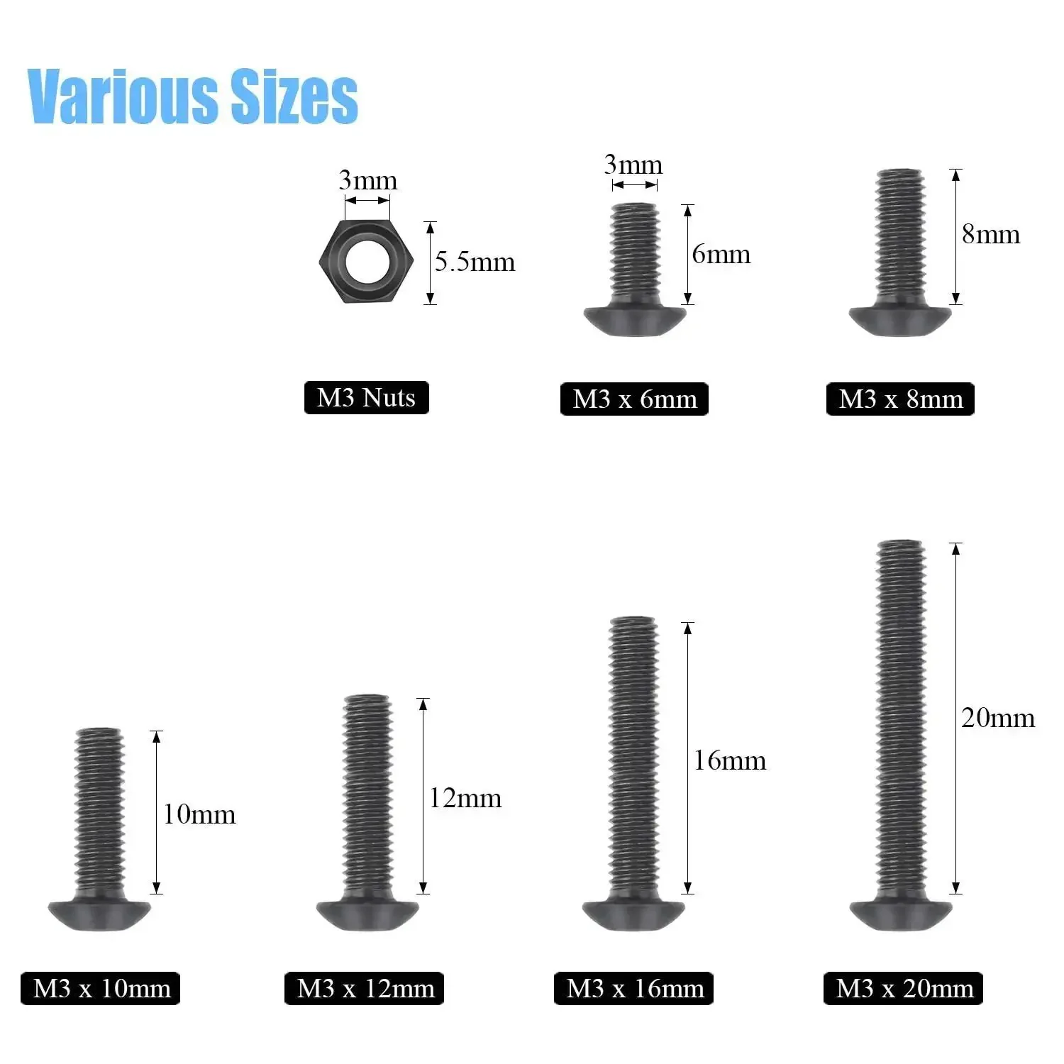 360 Piece M3 Hex Button Head Bolts Set, Pro Grade 10.9 Alloy Steel Screws Nuts Kit With Hex Wrench, Includes 6mm 8mm 10mm 12mm 16mm 20mm For Do It Yourself Projects - Image 6