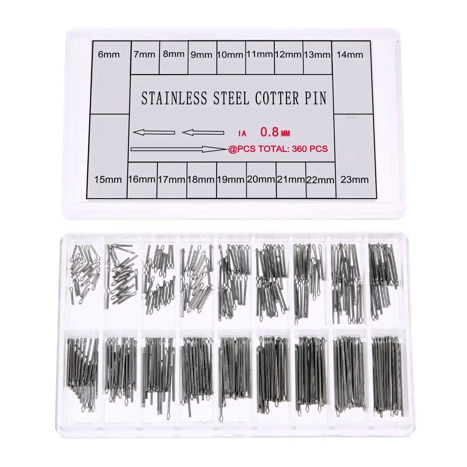 360 Piece Stainless Steel Watch Band Link Pins Kit With 18 Size Assortment, Waterproof and Rustproof Cotter Pins, 0.8Mm Diameter, 6-23Mm Length, 20 Pins Per Size for Easy Strap Repairs and Quick Swaps