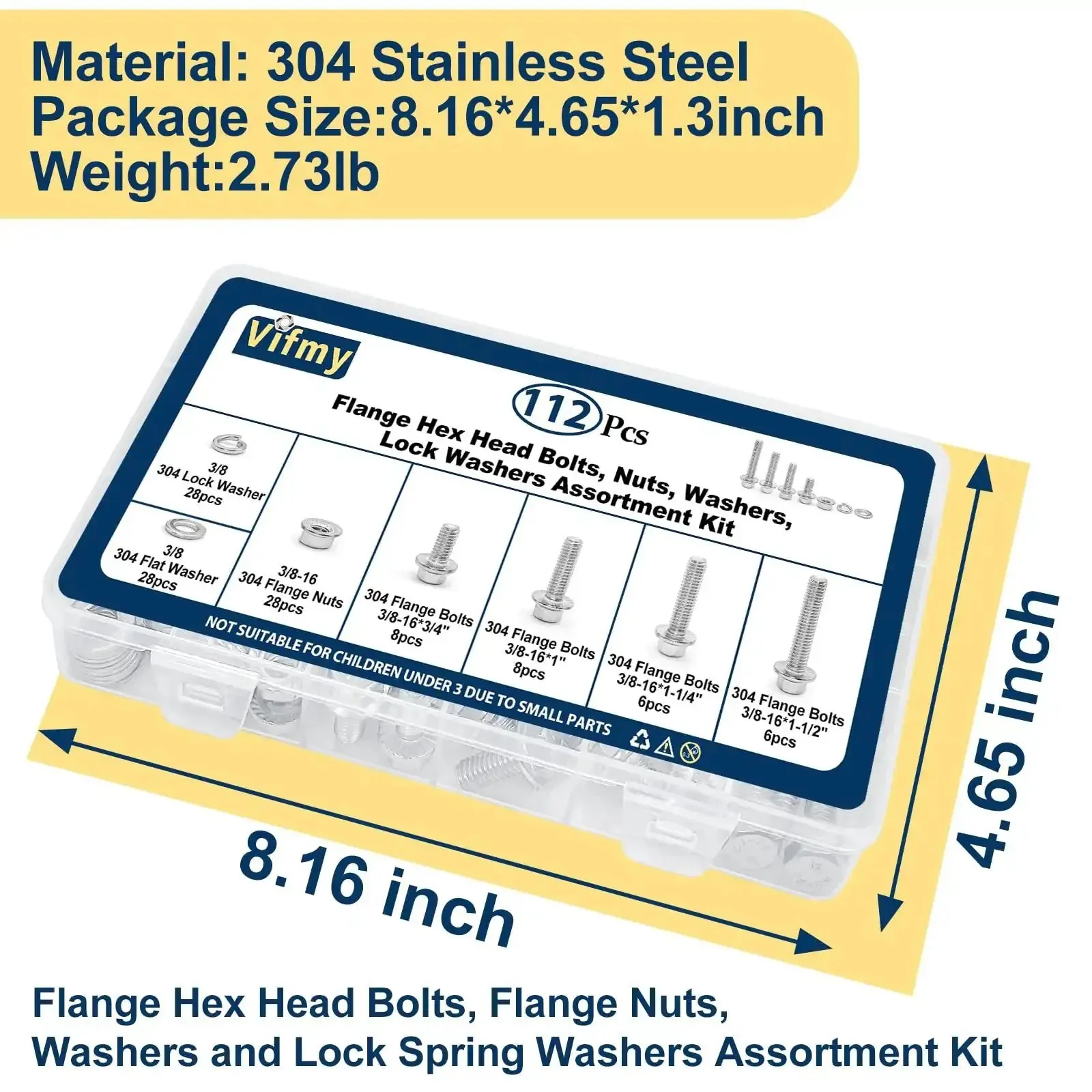 3/8-16 Stainless Steel Flange Bolts Kit, 112 Pieces With Washers And Serrated Flange Nuts, Full Thread, Must-Have DIY Friendly Assorted Lengths 3/4in To 1-1/2in, 304 Grade - Image 3
