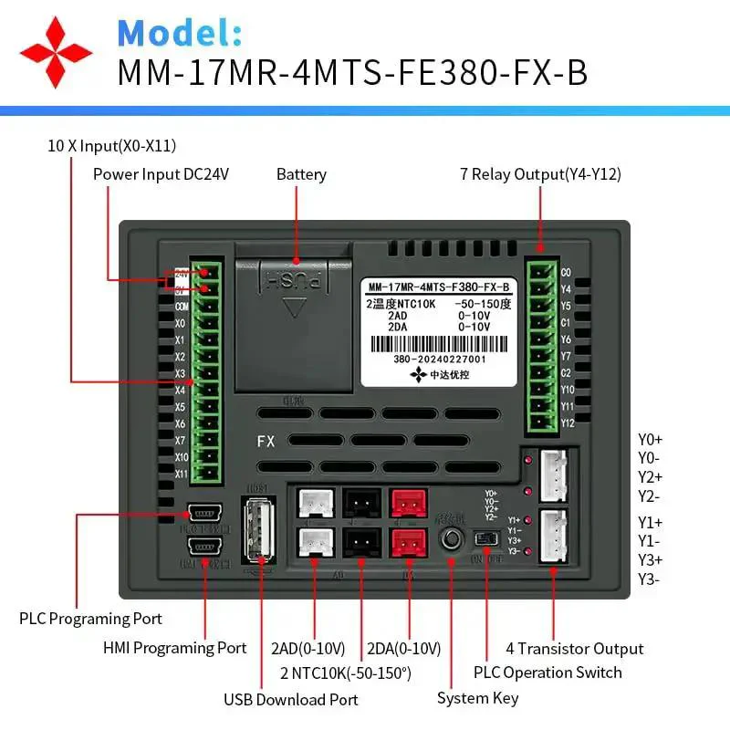 3.8 Inch PLC HMI All In One Integrated Programmable Logic Controller With 10 Inputs And 7 Relays Built In Analog 2AD And 2DA 2 NTC 10K Probes And 2 High Speed 100KHz Pulse Outputs For Servo Or Stepper Drives Plug And Play Ready - Image 6