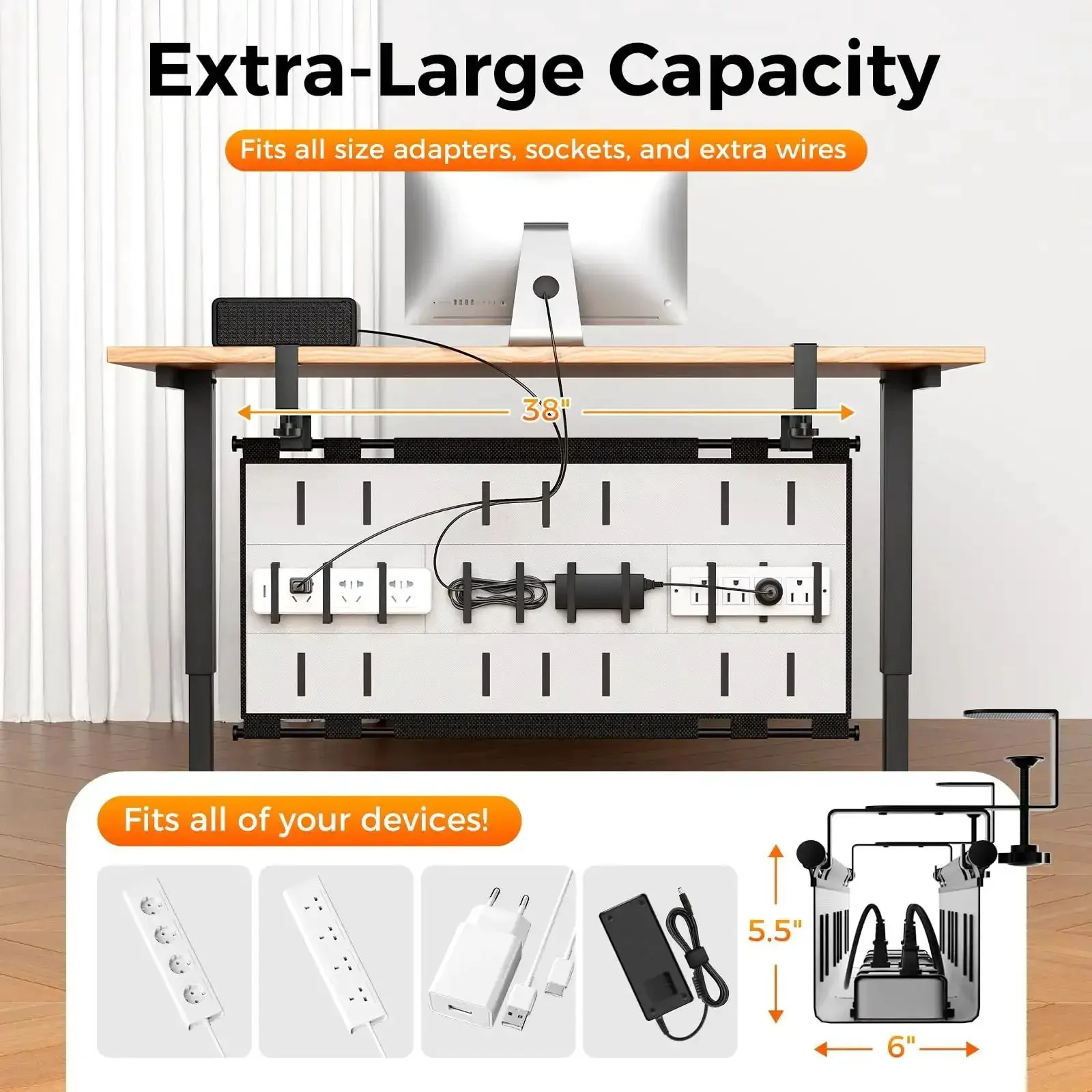 38 Inch Under Desk Cable Management Tray With Clamp And Screw Mount No Drill Setup For Office And Home Heavy Duty Wire Cord Organizer Fits Power Strips Adapters And Extra Cords Keeps Clutter Hidden And Neat - Image 9