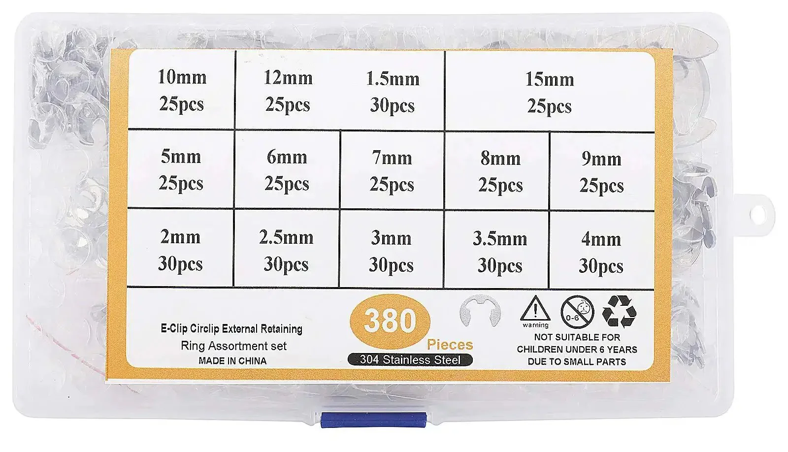 380 Pcs 304 Stainless Steel E Clip Circlip External Retaining Ring Assortment Kit With 14 Sizes Perfect For Bearings Pulleys Gears Shafts And Other Moving Parts For DIYers And Pros - Image 2
