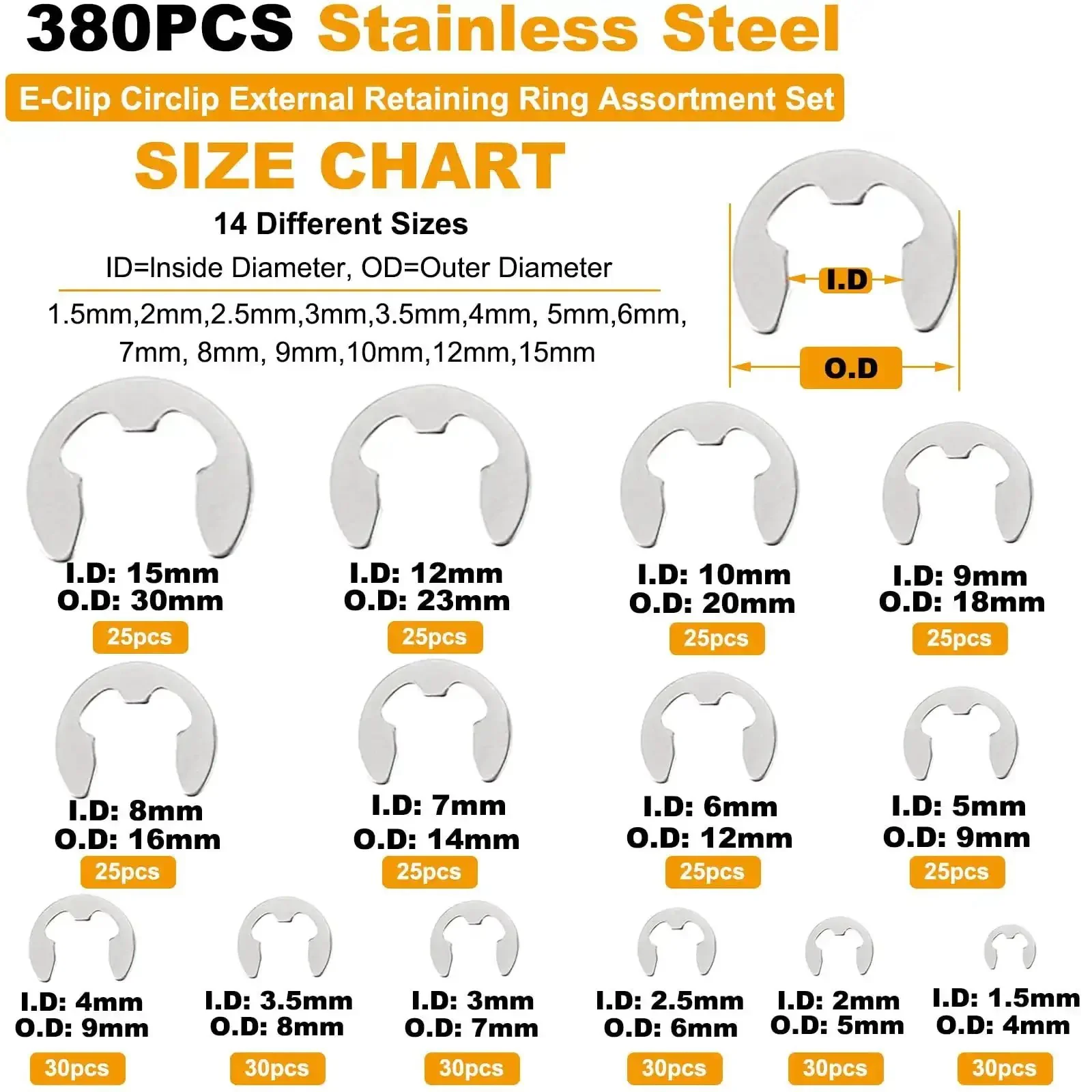 380 Pcs 304 Stainless Steel E Clip Circlip External Retaining Ring Assortment Kit With 14 Sizes Perfect For Bearings Pulleys Gears Shafts And Other Moving Parts For DIYers And Pros - Image 8