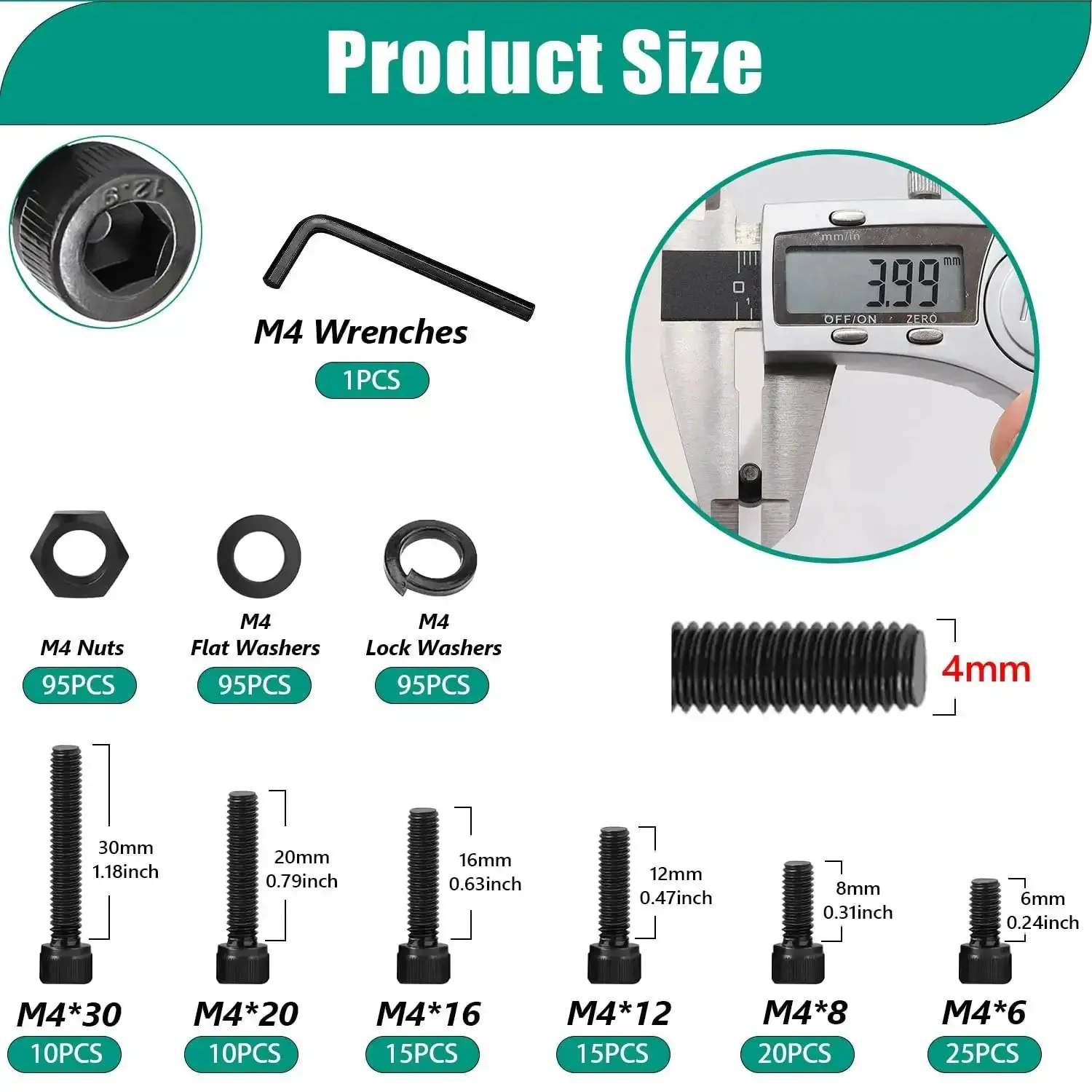 380 Piece M4 Hex Socket Head Screws Kit With Nuts Washers And Wrench M4 Bolts Range 6 8 12 16 20 30mm 12.9 Grade Alloy Steel Black Zinc Plated Rust Proof DIY Ready For Electronics Furniture And Projects - Image 6