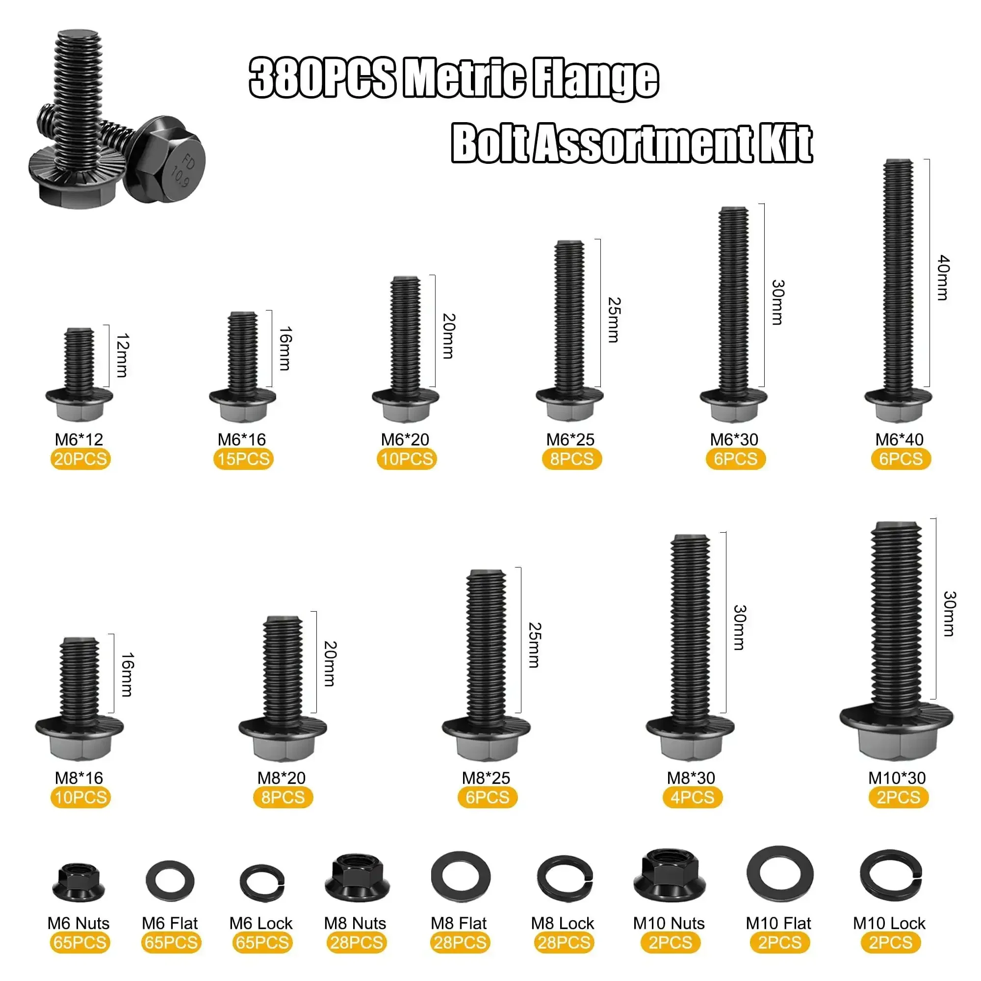 380PCS Flange Bolt Kit With Nuts And Washers For Metric M6 M8 And M10 Bolts 12 16 20 25 30 40mm Includes Lock Washers Flat Washers And Hex Socket Flat Head And Cap Head Screws Ideal For Auto, Home And DIY Projects - Image 6